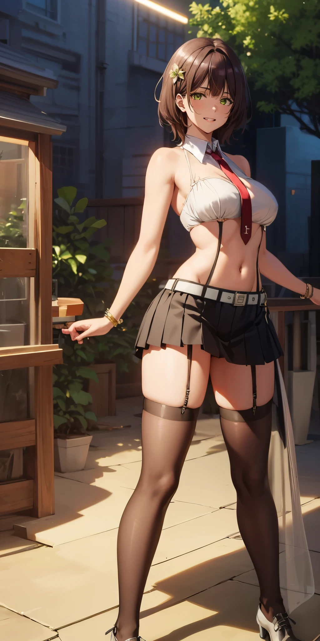 aoihinami, green eyes, short hair, curvy, huge breasts, anatomically correct, suspender skirt, sleeveless shirt, garter straps, thighhighs, belt, necktie, navel, (shaded face:1.2), hollow eyes, green eyes, looking at viewer, heavy breathing, smirk, upper teeth, lips, breasts, jewelry, large_breasts, solo, hair_ornament, looking_at_viewer, night, standing, sky, indoors, "glow effects, godrays, Hand drawn, render, 8k, octane render, cinema 4d, blender, dark, atmospheric 4k ultra detailed, cinematic, Sharp focus, big depth of field, Masterpiece, colors, 3d octane render, 4k, concept art, trending on artstation, hyperrealistic, Vivid colors, extremely detailed CG unity 8k wallpaper, trending on CGSociety, Intricate, High Detail, dramatic"