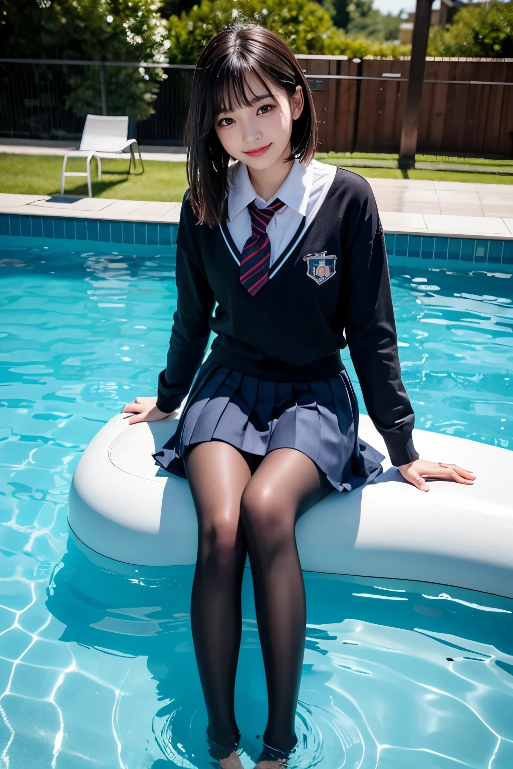 (((Beautiful girl in her school uniform riding a large float floating in the pool)))、(((wet 、wet bob hair、Wet hair、pleated skirt、Black pantyhose)))、smile、( absurdly,high quality , Super detailed)、(See photographer )、water droplets、(((cute pose)))