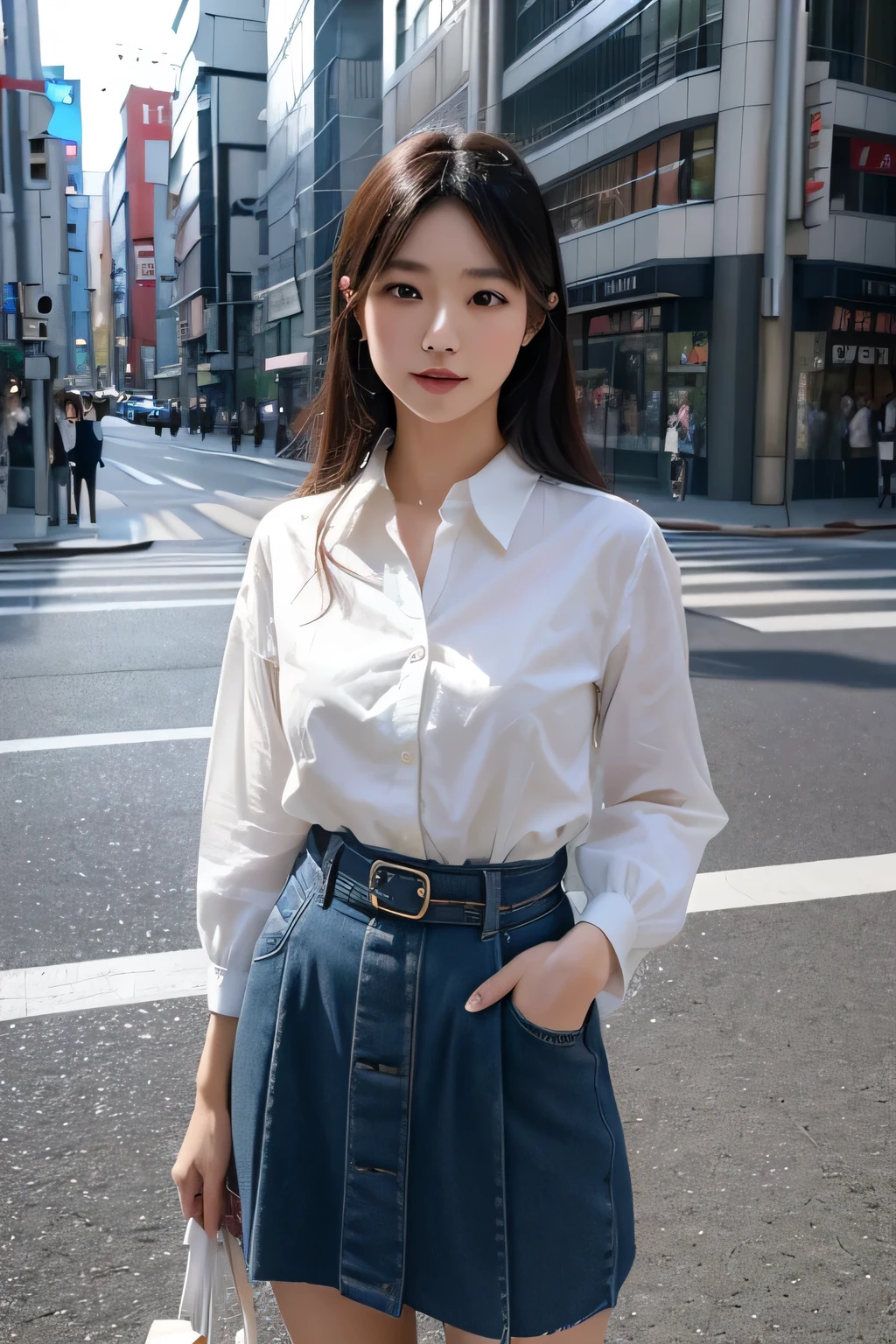 (8k, RAW photo, best quality, master:1.2), (realistic, photo-realistic:1.37), best quality, ultra high res, photon mapping, radiosity, physically-based rendering,bblurry, blurry_foreground, depth_of_field, blurry_background, 照片_ \(medium\), motion_blur,1girl, (全身), long legs, thin legs, Long hair, bairs,(see through bangs), hair_ornament, lips, hairclip, solo, blue_eyes, nosesoft,china,shirt,Gray Plaid百褶裙,不透明的衣服,俯瞰,黑色乐福鞋,大腿高筒,黑色棉袜,((户外)),
