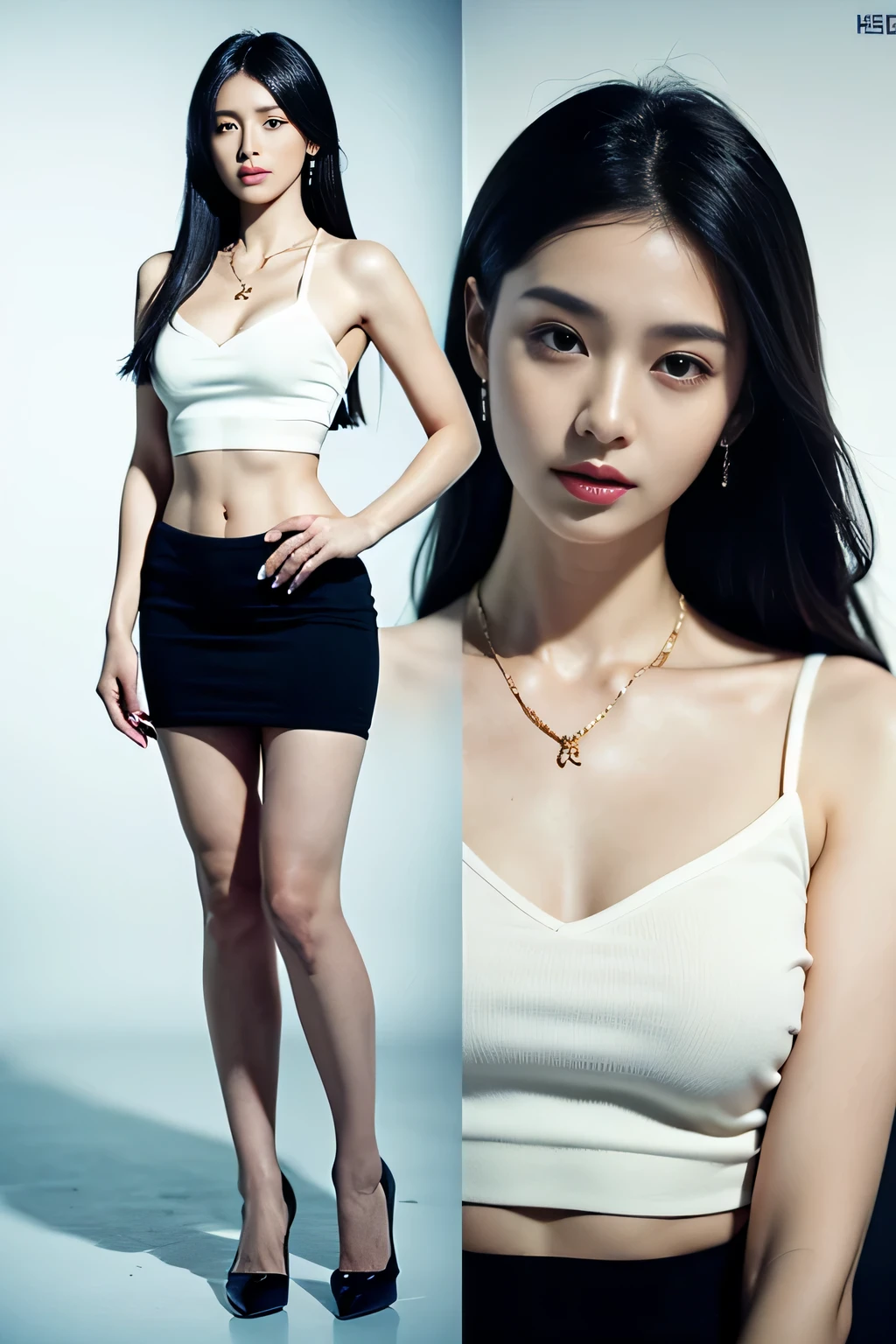 (masterpiece:1.3), (8 thousand, realistic, RAW photos, best quality: 1.4), (1 woman), (full body shot), (Standing attractively like a model), (very sexy), (Beautiful makeover), (유난히 아름다운 realistic 얼굴), (Build a firm and beautiful body through exercise) (perfect abs), (beautiful face), (beautiful face), (long eyelashes), (double eyelid), (big bust) , (Beautiful heaps), (She is tall and has a really beautiful body.), (small and beautiful feet), (realistic face), (black hair. parted, long hair:1.3), 아름다운 parted스타일, realistic eyes, (really beautiful and delicate eyes), (realistic skin), (beautiful skin), (blouse, short skirt, realistic 팬티스타킹), (realistic 팬티스타킹), (absurd), (attractive), (ultra high resolution), (extremely realistic), (very detailed), (golden ratio), (realistic 스타킹 다리가 정말 예쁘고 예뻐요..), (realistic 긴 다리), (realistic 팔), (high heel), (realistic 아름다운 다리), (necklace), (earring),(beautiful nails manicure), (So beautiful and sexy)