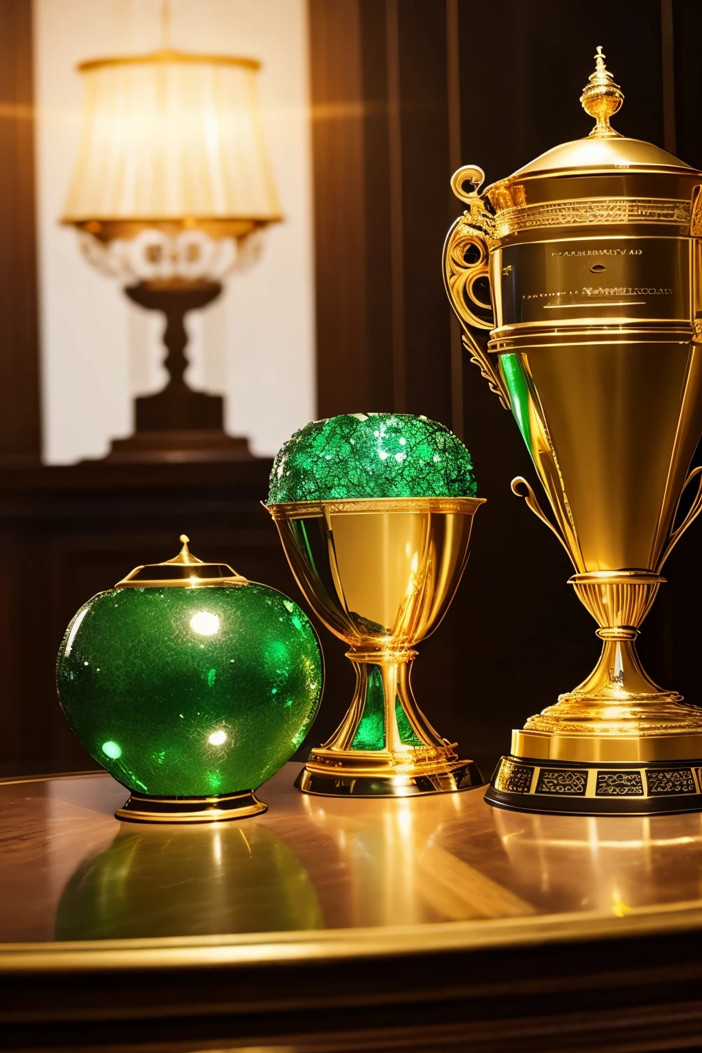 super important championship trophy object, champion cup, gold decorated with emeralds, diffusion of light, highlight, unique piece, on a table, without characters, featured piece.