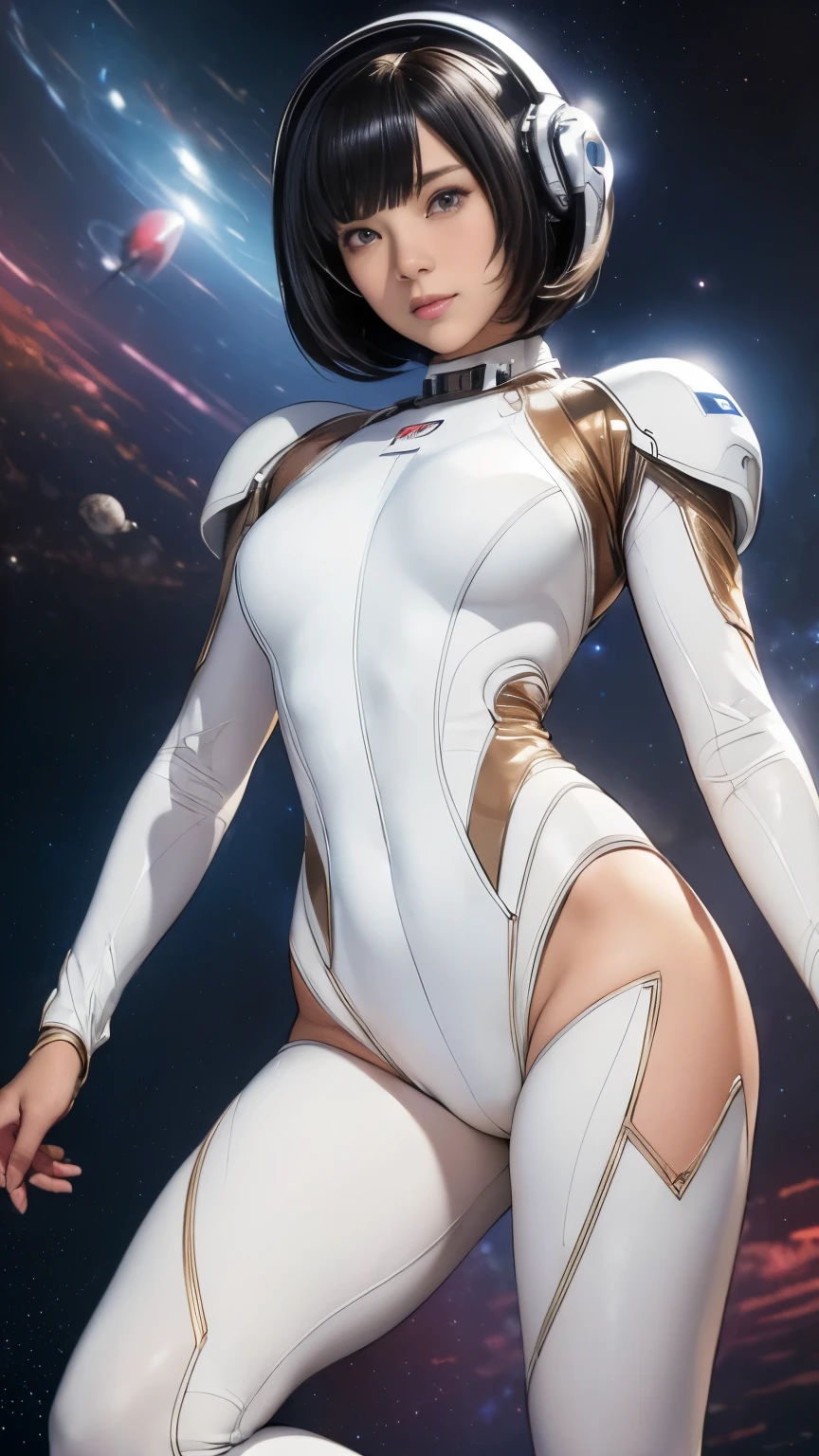 (masterpiece、highest quality、highest resolution、clear_image、Detailed details): (full body figure、15 year old girl、Japanese face、small face、thin、navy blue super short bob cut hair、blue colored eyes、((navy long sleeve space suit、space helmet))、headset、cosmic handbag、cute type、gentle smile、soft expression、headset、(((knee high boots)))、gloves up to the elbow、eye level shot、face directly、woman on a spaceship), (((camel toe))), ((Pure white leotard))