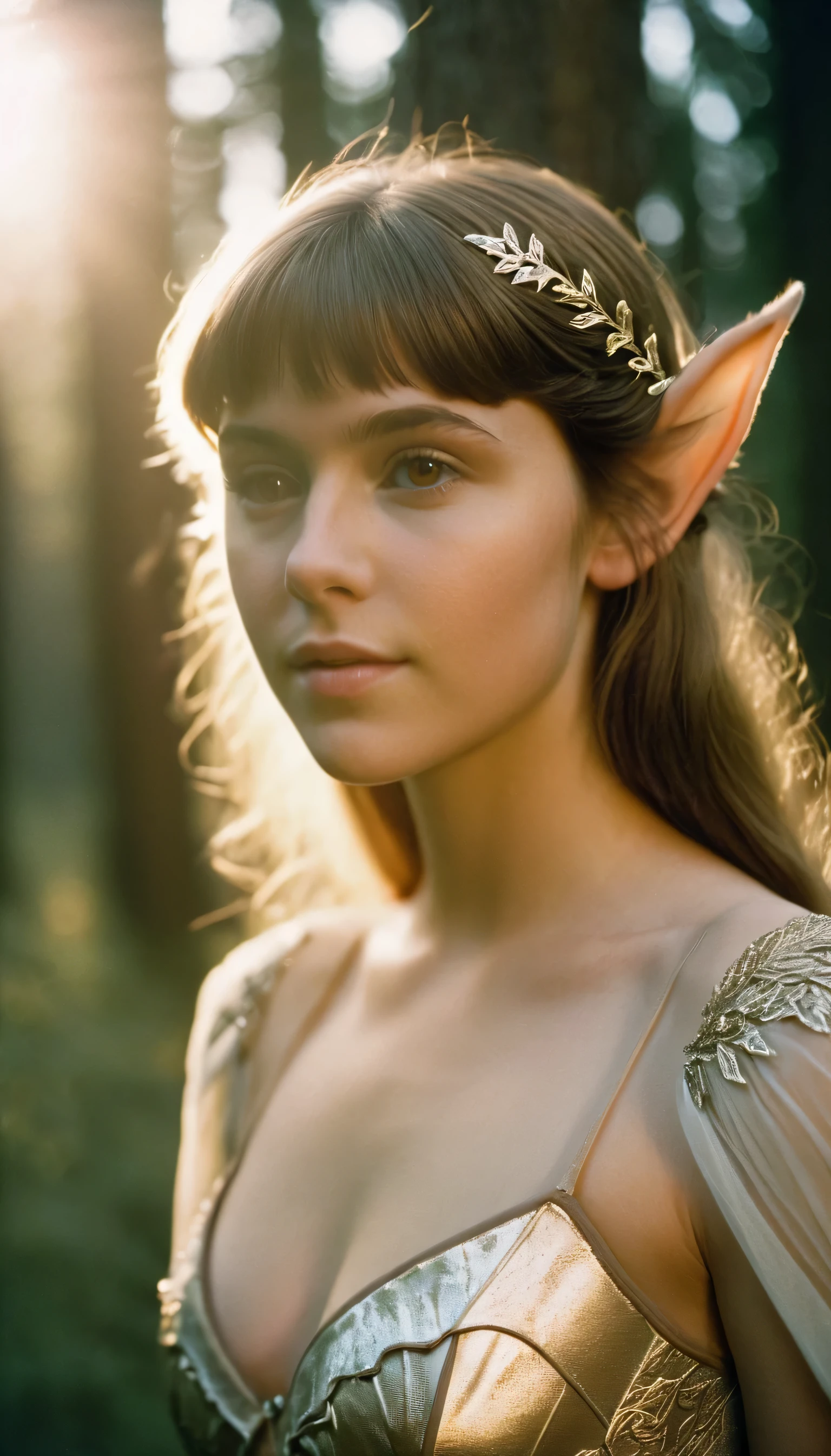 analog film photo, photo of a young woman, 18 years-old, (elven bra:1.1), elf, elf ears, long pointy ear tips, brown eyes, light-brown sun-tanned skin, goosebumps, pretty, natural beauty, resembles a young Mary Elizabeth Winstead, misty morning, elven forest, RAW Photograph, dslr, soft lighting, high quality, film grain, Fujifilm XT3, detailed skin with visible pores, insane details, masterpiece, 8k, 35mm photograph, dslr, kodachrome, faded film, desaturated, 35mm photo, grainy, vintage, Kodachrome, Lomography, stained, highly detailed, found footage, close-up shot, elven ears