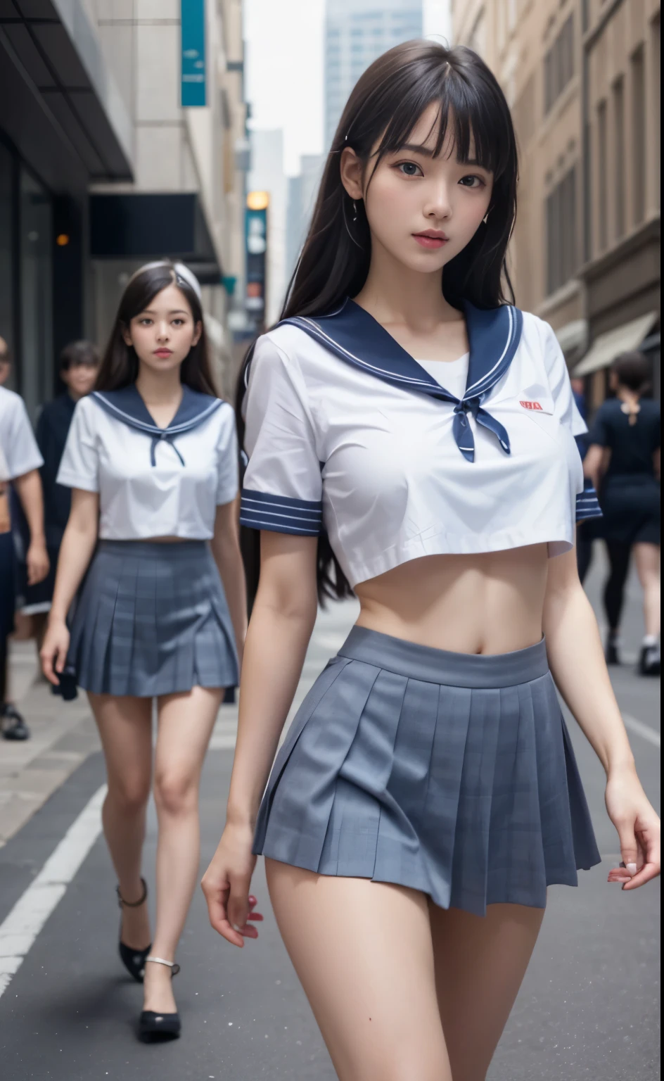 (8K image quality:1.2), (highest quality:1.4), (hyper quality), (super detailed), (Two beautiful high school girls are walking side by side with their friends.:1.3), More than one person, (whole body:1.2), So cute, (Korean idol:1.2), wonderful face and eyes, esotropia, (Braiding hair:1.3), eyes are looking elsewhere, Straighten your back and push your chest forward, (White short-sleeved sailor suit made of thin fabric:1.3), (Pleated micro miniskirt with light blue gingham check:1.2), (Beautiful and incredibly big breasts:1.3), (my chest is shaking:1.3), (slender body:1.1), (skinny thin legs:1.2), (Very thin waist), Ribs that stand out slightly, belly button, Reproduces realistic skin texture, Transparent white skin, (bangs:1.3), Transparent and glossy gloss lip, Beautiful goddess descends, beautiful background, golden ratio, conceptual art, Super detailed, Accurate, advanced details, Composition looking up from the feet while walking in the city, sexy art, Surrounded by the summer sunshine, bright light, Super delicate illustration details, 8k wallpaper that integrates high-definition CG, RAW photo, professional photos, cinematic lighting, written boundary depth, (No bra in uniform:1.3), (The shape of the nipple protrusions through the uniform:1.3), (The nipple protrusions lift the uniform:1.2), (Her big breasts make her uniform stretch out:1.2), (Cropped tops with fluttery hems:1.3), (High heels on bare feet), (Underboob is visible:1.4), (Low - Angle:1.2)