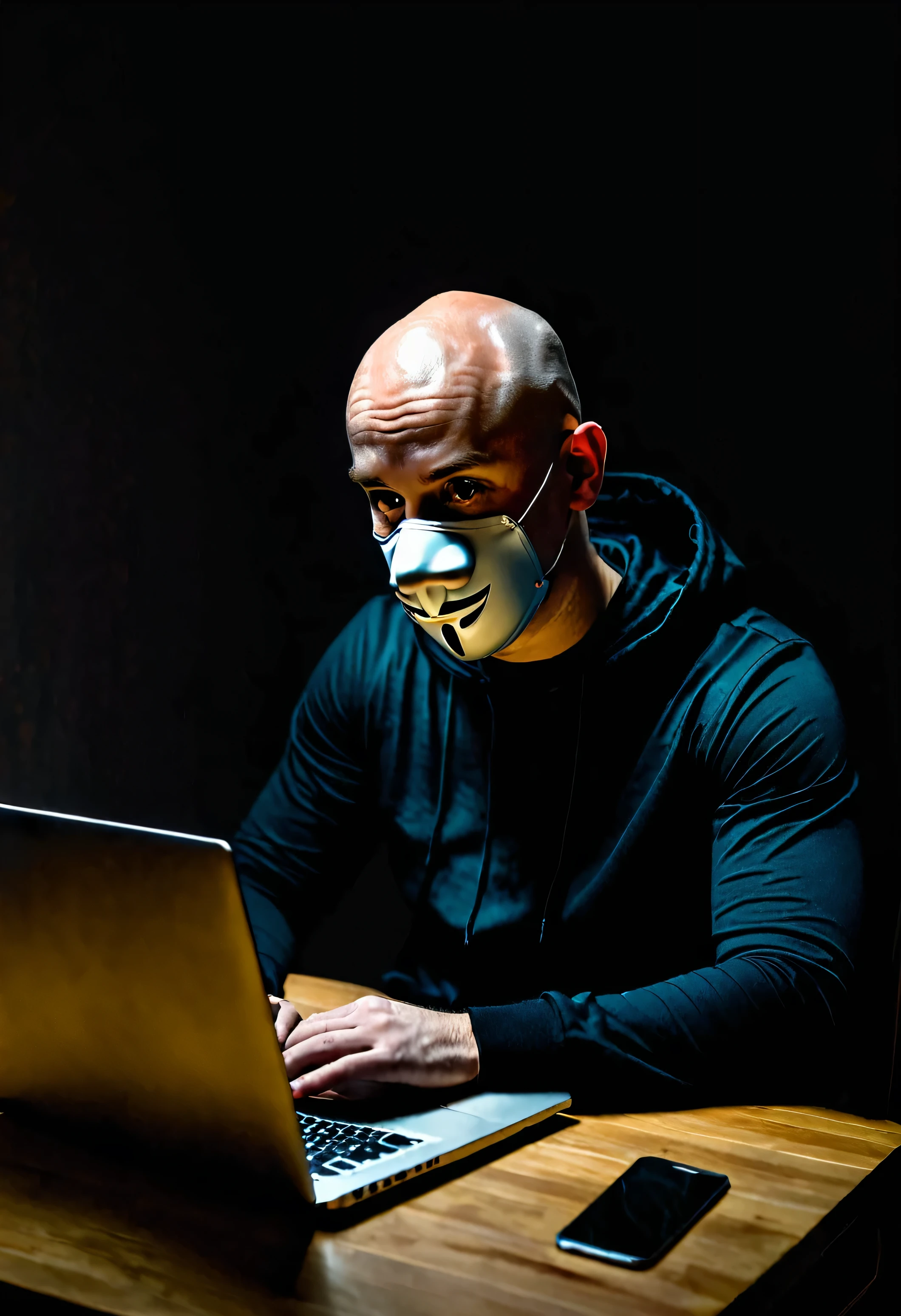 A bald guy sitting with Laptop wearing mask in a darkness