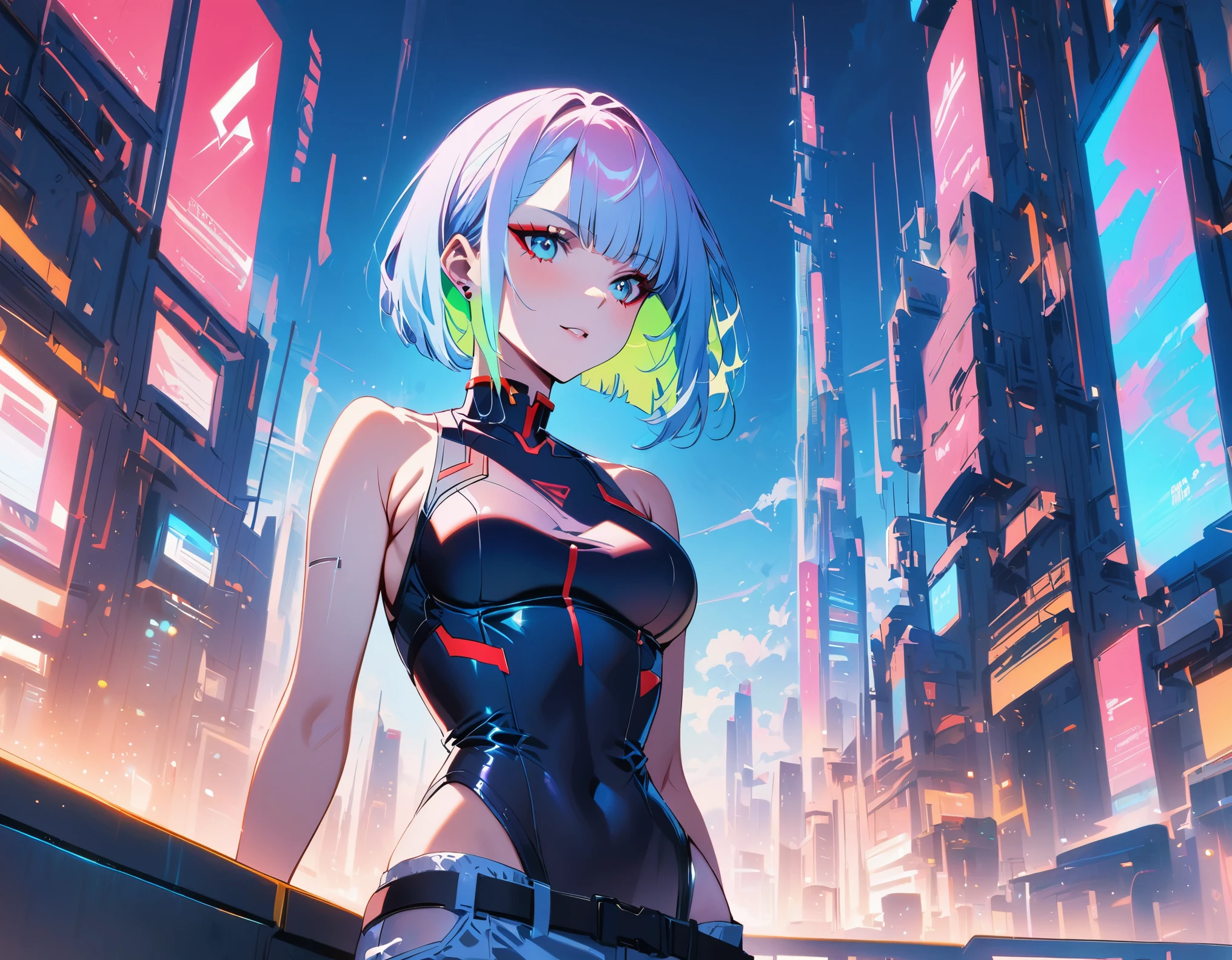 cyberpunk edgerunners, 1 girl, Lucy (cyberpunk), bare shoulders, blue eyes, breast, tights, looking at the audience, medium breast, Off the shoulders夹克, Off the shoulders, red eyeliner, short hair, sleeveless turtleneck tights, alone, turtleneck tights, white hair, ((masterpiece)) (best quality, masterpiece)
