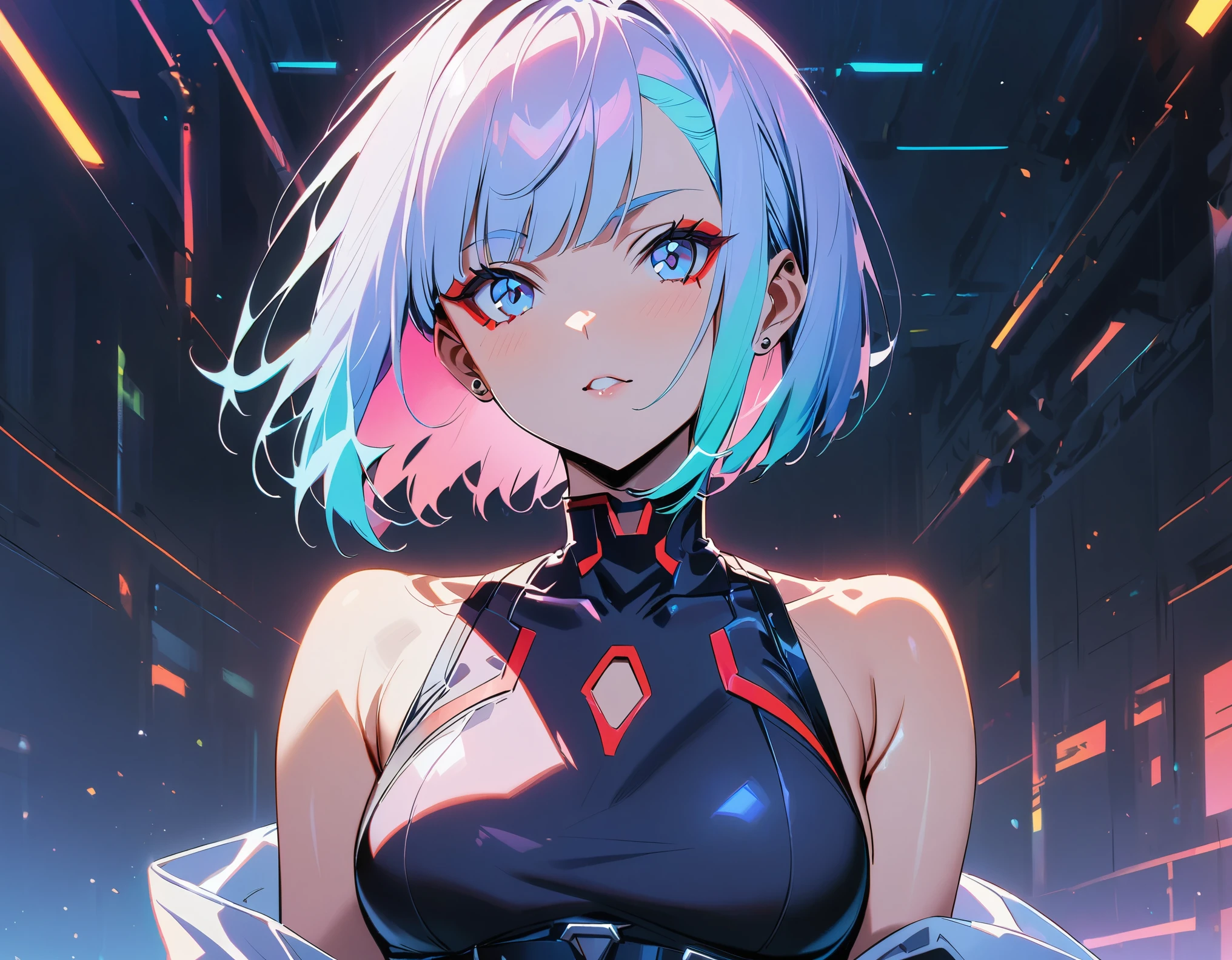 cyberpunk edgerunners, 1 girl, Lucy (cyberpunk), bare shoulders, blue eyes, breast, tights, looking at the audience, medium breast, Off the shoulders夹克, Off the shoulders, red eyeliner, short hair, sleeveless turtleneck tights, alone, turtleneck tights, white hair, ((masterpiece)) (best quality, masterpiece)