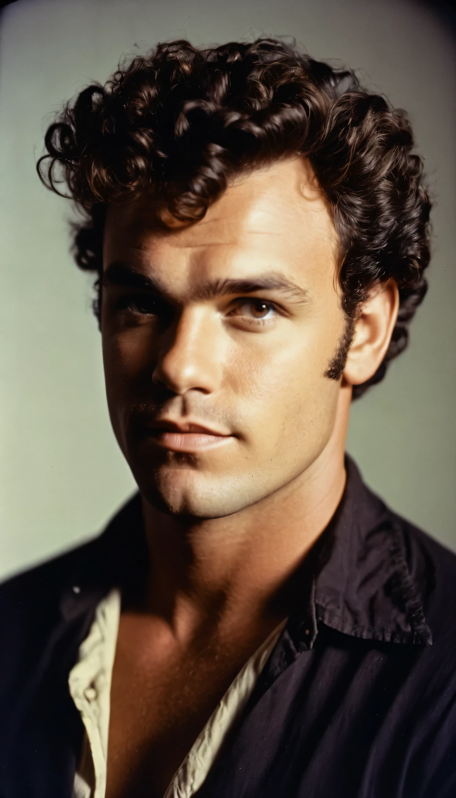 Vintage photo of a 30 years-old sailor, male, brown-black hair, short curly quiff haircut, brown eyes, caucasian, round face, oval-shaped jawline, bulbous nose, full lips, thick eyebrows, soft features, stocky broad frame, chubby, handsome, resembles a young John C Reilly, (ruffled pirate shirt:1.1), silhouette, backlit, split lighting, half face in shadow, RAW Photograph, dslr, hard lighting, hard shadows, high quality, film grain, Fujifilm XT3, detailed skin with visible pores, insane details, masterpiece, 8k, 35mm photograph, dslr, kodachrome, faded film, desaturated, 35mm photo, grainy, vintage, Kodachrome, Lomography, stained, highly detailed, found footage, close-up shot