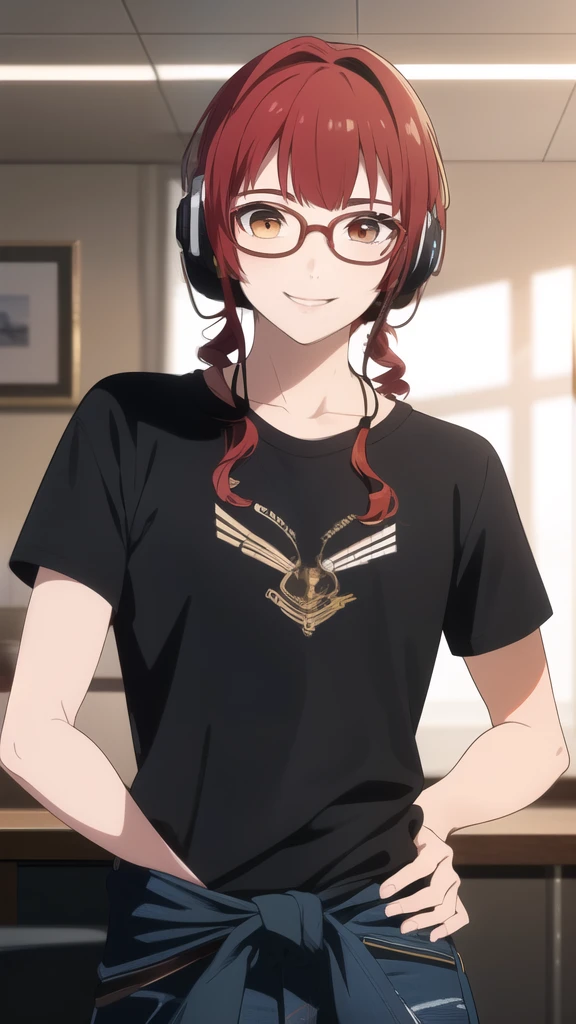 Marine Art Robot, Txt2Img, 11:21:31, masterpiece, Best quality),1  , wavy red hair, Round glasses, curly hair, smiling, black T-shirt, wide neck jeans, Hand on waist, In-ear headphones, warm lighting, blurred foreground, posing for myself.  