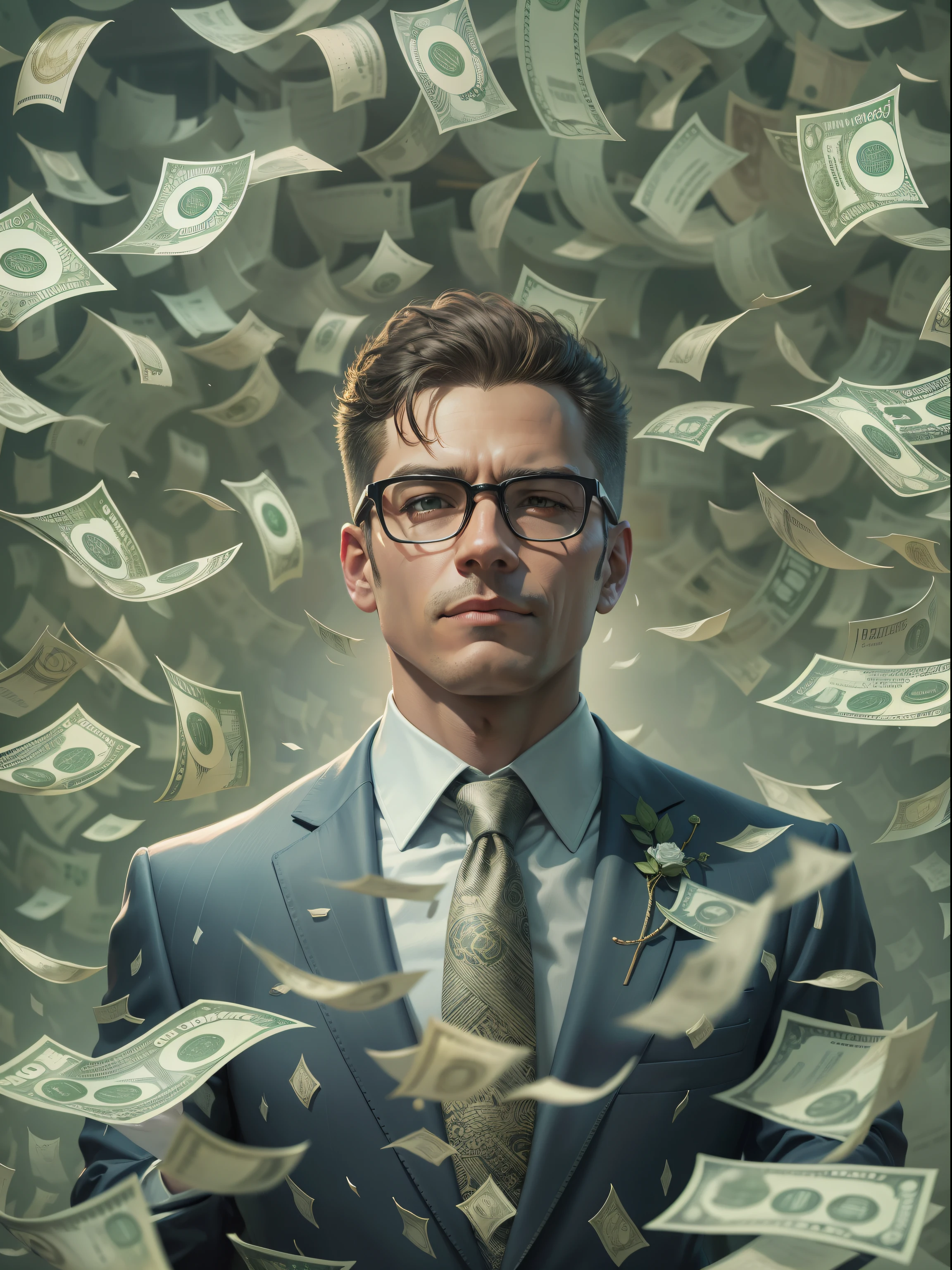 Uma pintura detalhada de uma pessoa de terno, surrounded by a flood of dollar bills, with the book Financial Freedom Formula in the center.