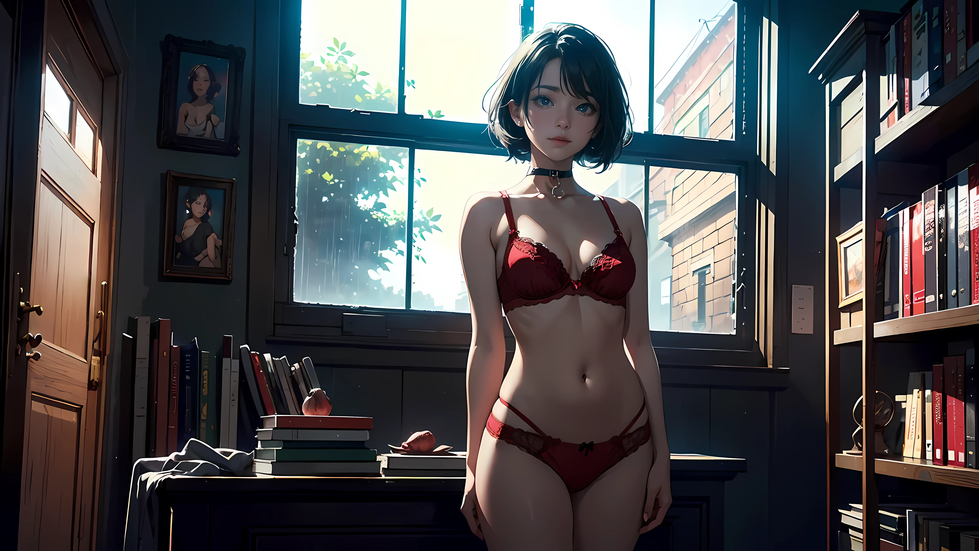21 year old girl, short black hair, big eyes, sweet smile, small breasts, thin hips,
choker collar, red bra, red panties,
standing,
book store, bookcases, books,
open door, open window,
evening, nighttime, raining outside
dramatic lighting, cinematic lighting, Rembrandt lighting,
masterpiece, best quality