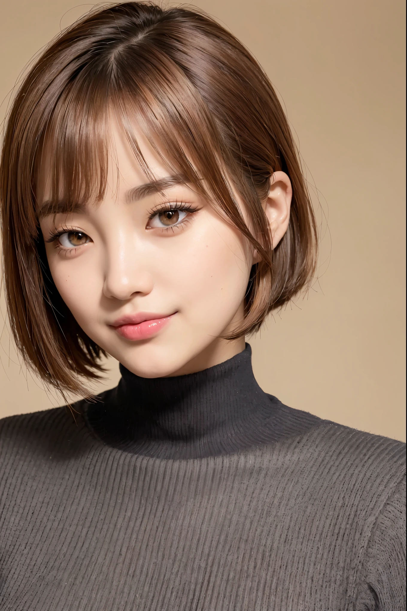 Realistic, masterpiece, highest quality, highest resolution, one japanese woman, A happy smile, beautiful detailed eyes, black eyes, thin eyebrows, Make your eyelashes delicate, false eyelashes, orange eyeliner, Lipstick is a light color, short hair, Hair color is light brown, Carefully draw the face,  Simple design black turtleneck sweater、portrait background, upper body photo