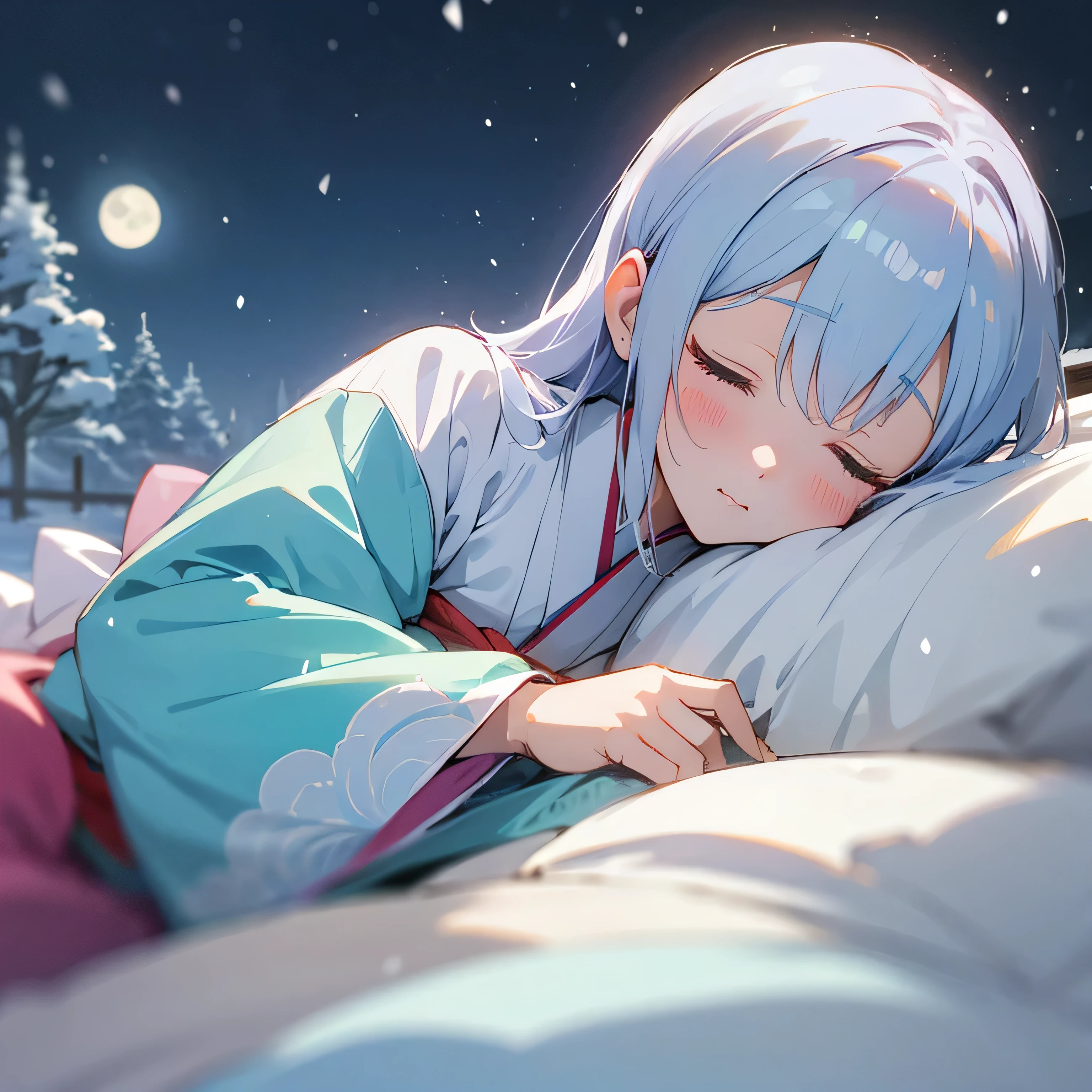 anime style、pastel tones、An adult woman in a kimono is sleeping、close up face、landscape of folk tales、that'midnight、The moonlight is shining、white、I can see all the hair、that'It's snowing