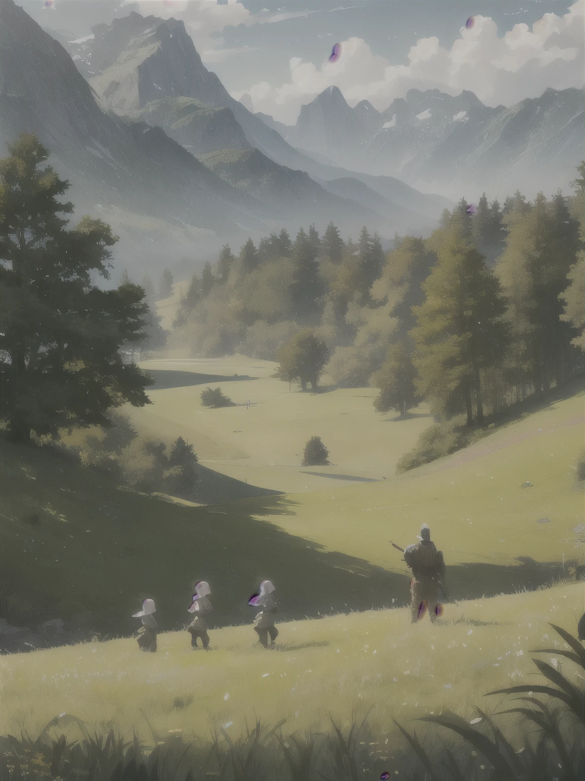 In a green meadow stands a boy leading a group of knights.
BREAK
With a brave expression, he guides them towards their destination.
BREAK
Behind him, a green forest stretches out and beyond that, mountains rise in the distance.
BREAK
The most suitable effect for this scene would be a watercolor painting technique to capture the softness of the meadow and the fluidity of the movement.
