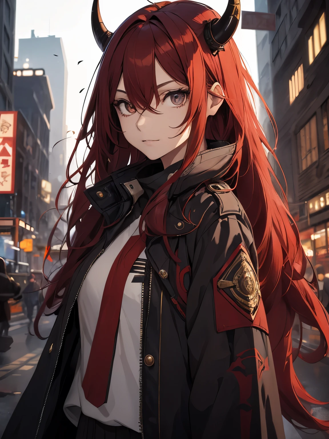 Woman, red long hair, messy hair, Brown eyes, light in eyes, woman's overcoat, blue katana, uniform clothes, dark city broken background, raised locks of hair style, little horn