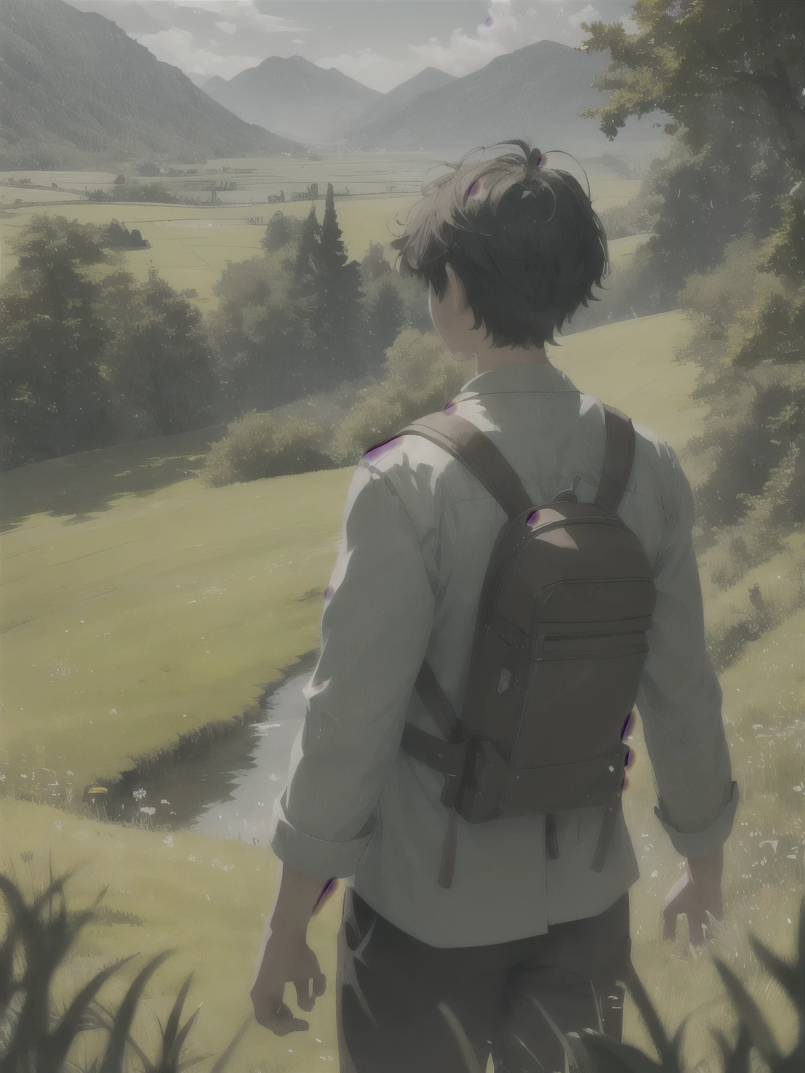 In a green meadow stands a boy leading a group of knights.
BREAK
With a brave expression, he guides them towards their destination.
BREAK
Behind him, a green forest stretches out and beyond that, mountains rise in the distance.
BREAK
The most suitable effect for this scene would be a watercolor painting technique to capture the softness of the meadow and the fluidity of the movement.