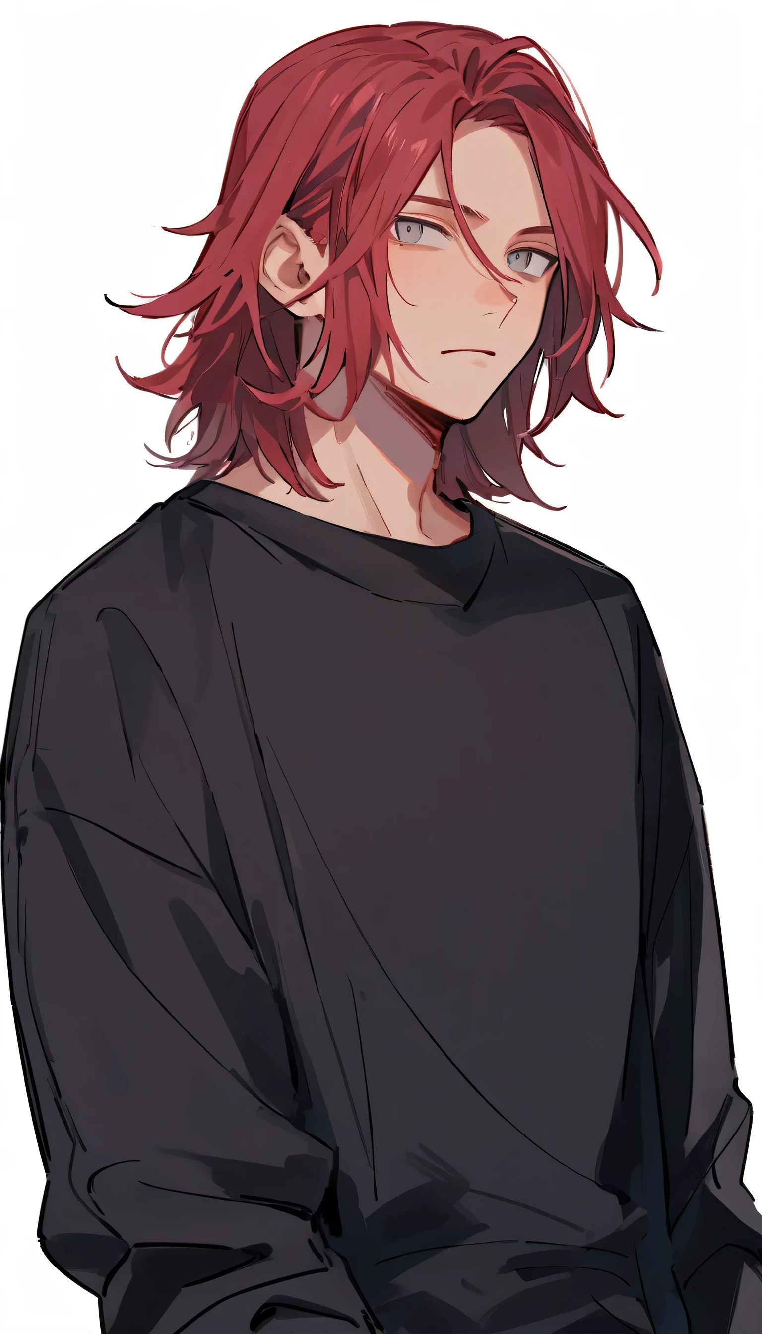 beautiful young man, 19 years old, redhead, shoulder length hair, gray eyes, white background, Standing picture, and slanted pupils,high quality, Amount to draw, pixiv illustration