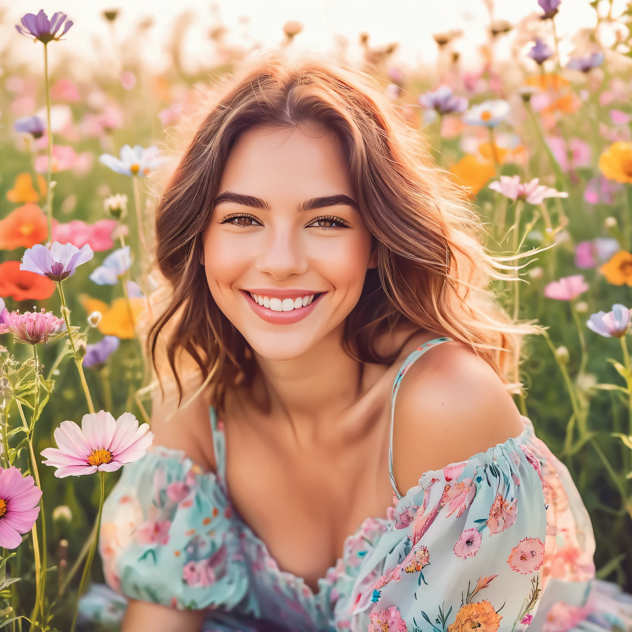 A whimsical, illustrated photoshoot depicting a beautiful woman with delicate features and an enchanting smile, sitting in a field of oversized, colorful wildflowers. Highly detailed, vector-based artwork with a dreamy, storybook quality and soft, pastel hues. Captured with a normal lens and a shallow depth of field to create a sense of intimacy and focus on the woman's expressive face.