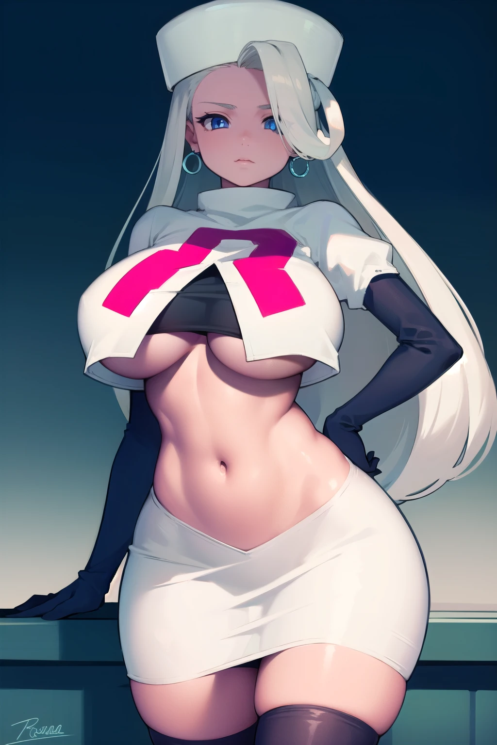 pokemonmelony, pokemonmelony, blue eyes, eyelashes, long hair, multicolored hair, streaked hair, grey hair, (large breasts:1.2), 
BREAK earrings, hat, jewelry, white headwear, team rocket,team rocket uniform, red letter R, white skirt,white crop top,black thigh-highs,black elbow gloves
BREAK looking at viewer, (cowboy shot:1.5),
BREAK (masterpiece:1.2), best quality, high resolution, unity 8k wallpaper, (illustration:0.8), (beautiful detailed eyes:1.6), extremely detailed face, perfect lighting, extremely detailed CG, (perfect hands, perfect anatomy),