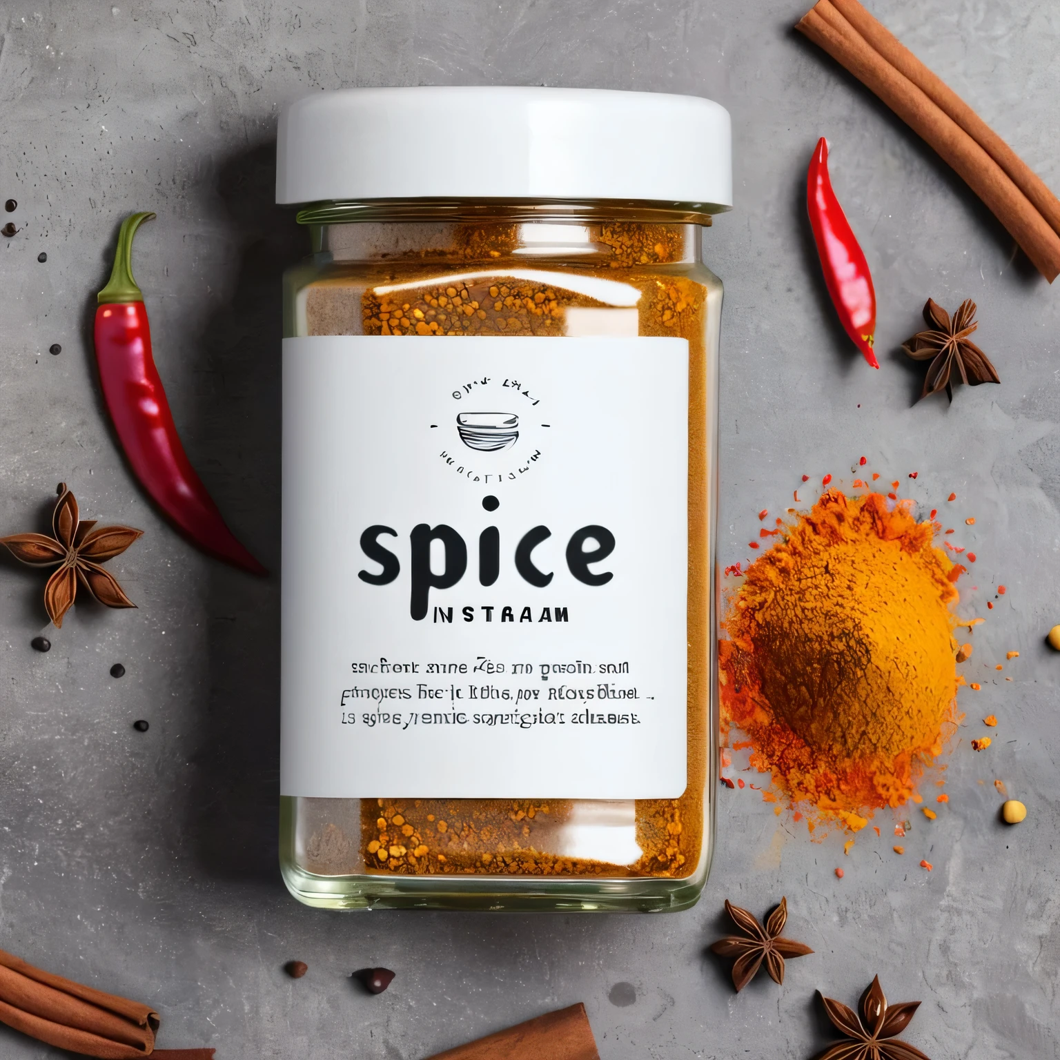 I'm running a spice packaging business. generate an Instagram post, product label should be white and plain, no text should be on the product 