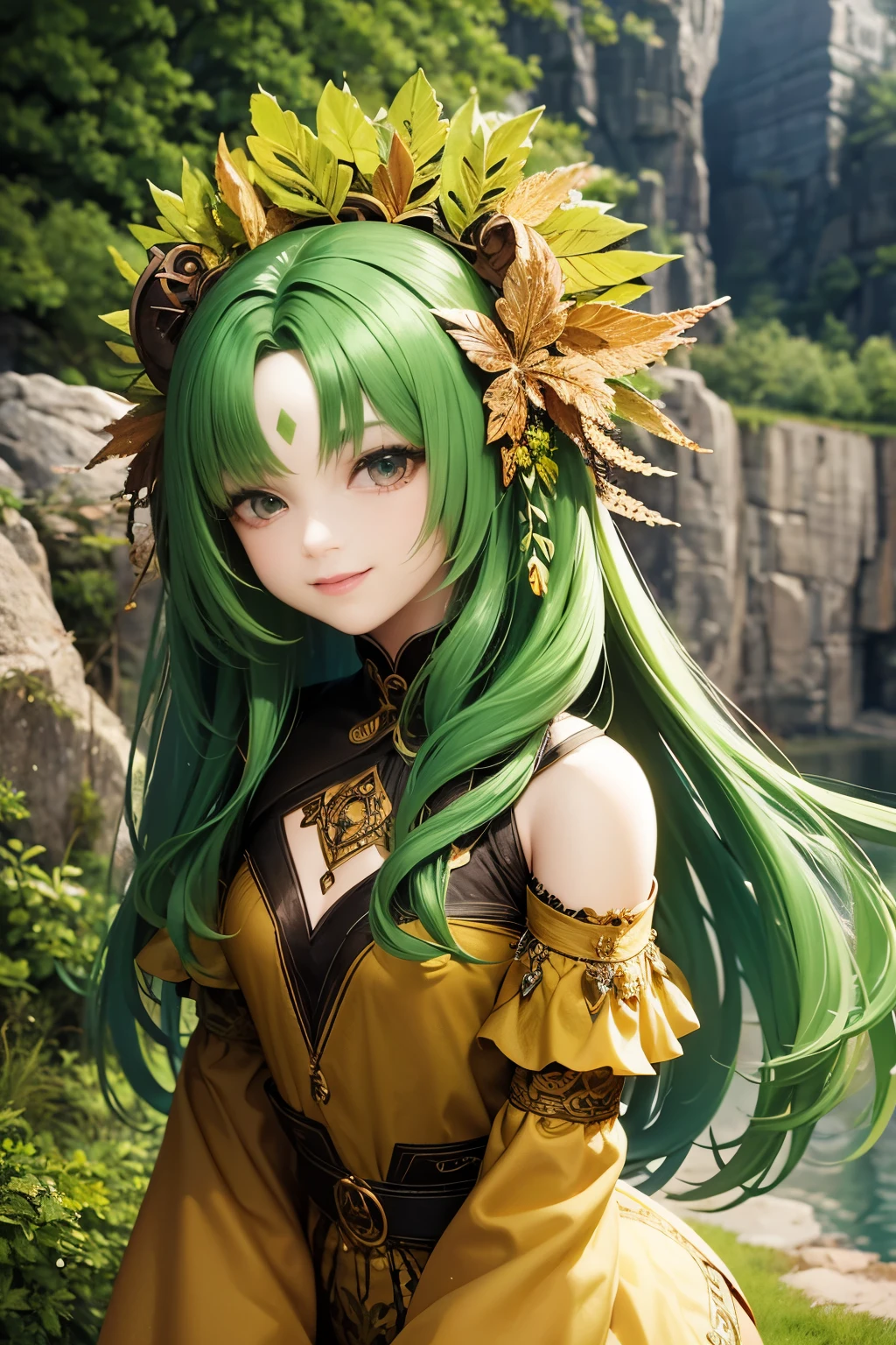 woman with hair like tree leaves, wild outfit, small, highlighted, perfect and well-detailed face, smiling, penetrating gaze, background of a quarry,