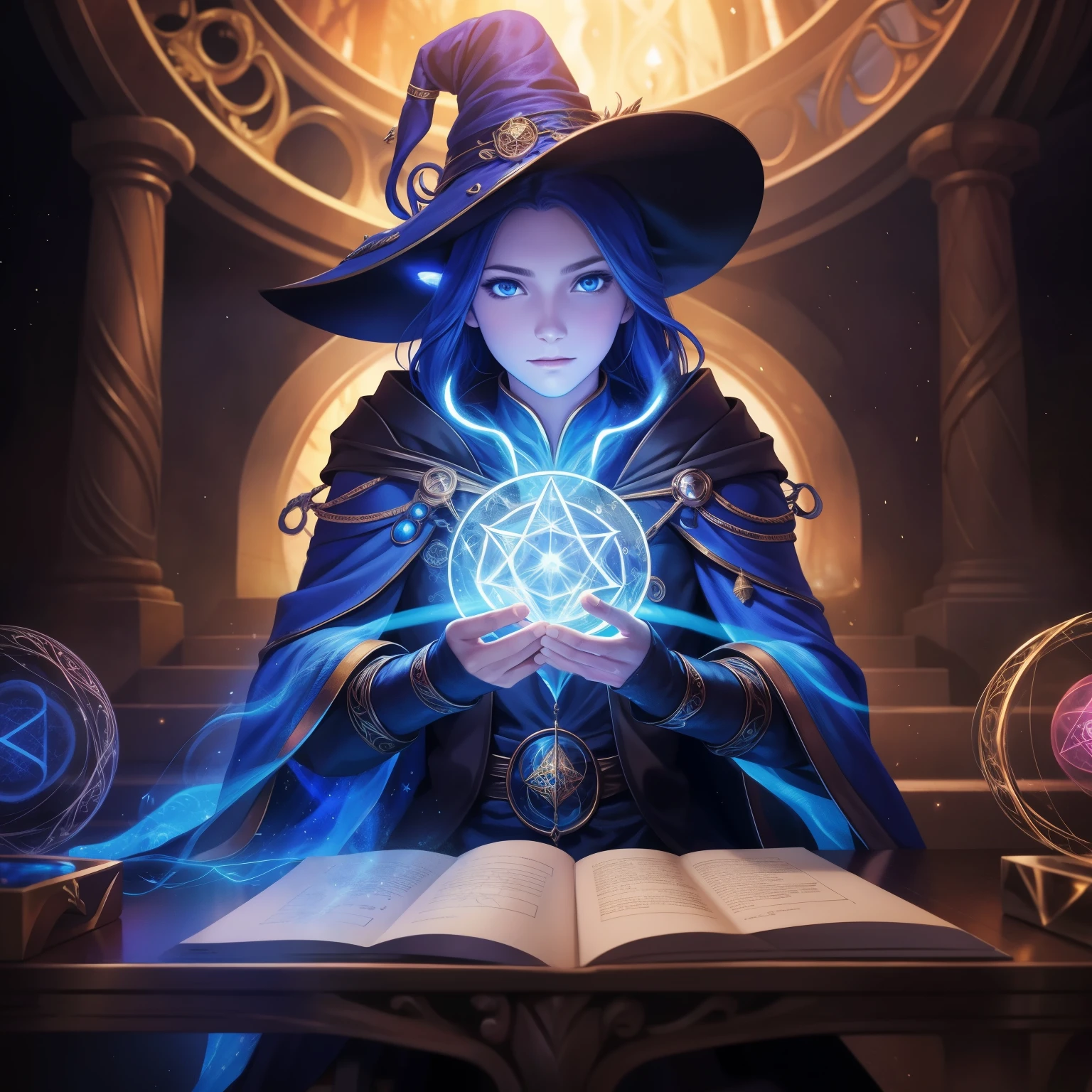 Create an image of Tadeu Schmidt as the Master of Magicians
sfw, best quality, ultra high res, ultra detailed face and eyes (photorealistic:1.4), sitting, surrounded by swirling magical auras, (mages:1.5), pointy hats, robes of varying colors, intricate designs, and glowing runes, enchanted forest, mystical, otherworldly, hazy lighting, soft focus, masterpiece (1.2), illustration (1.2), detailed, intricate, 8k, HDR, wallpaper.