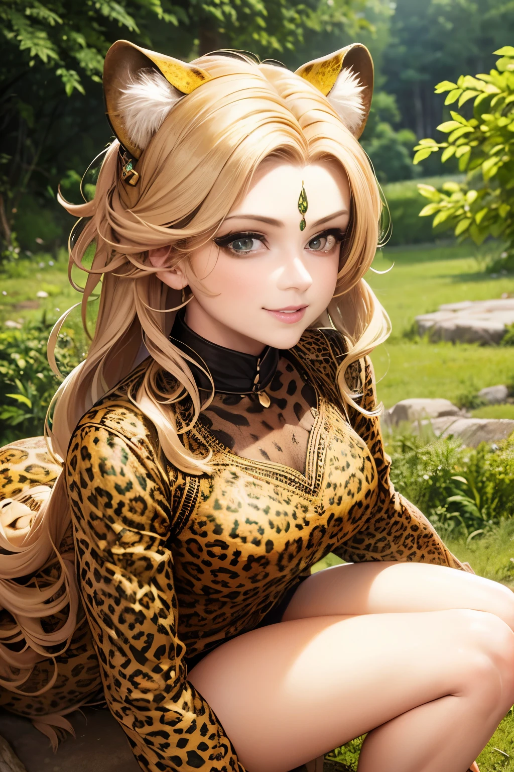 woman with hair like tree leaves, wild leopard-style outfit, small, highlighted, perfect and well-detailed face, smiling, penetrating gaze, background of a quarry,