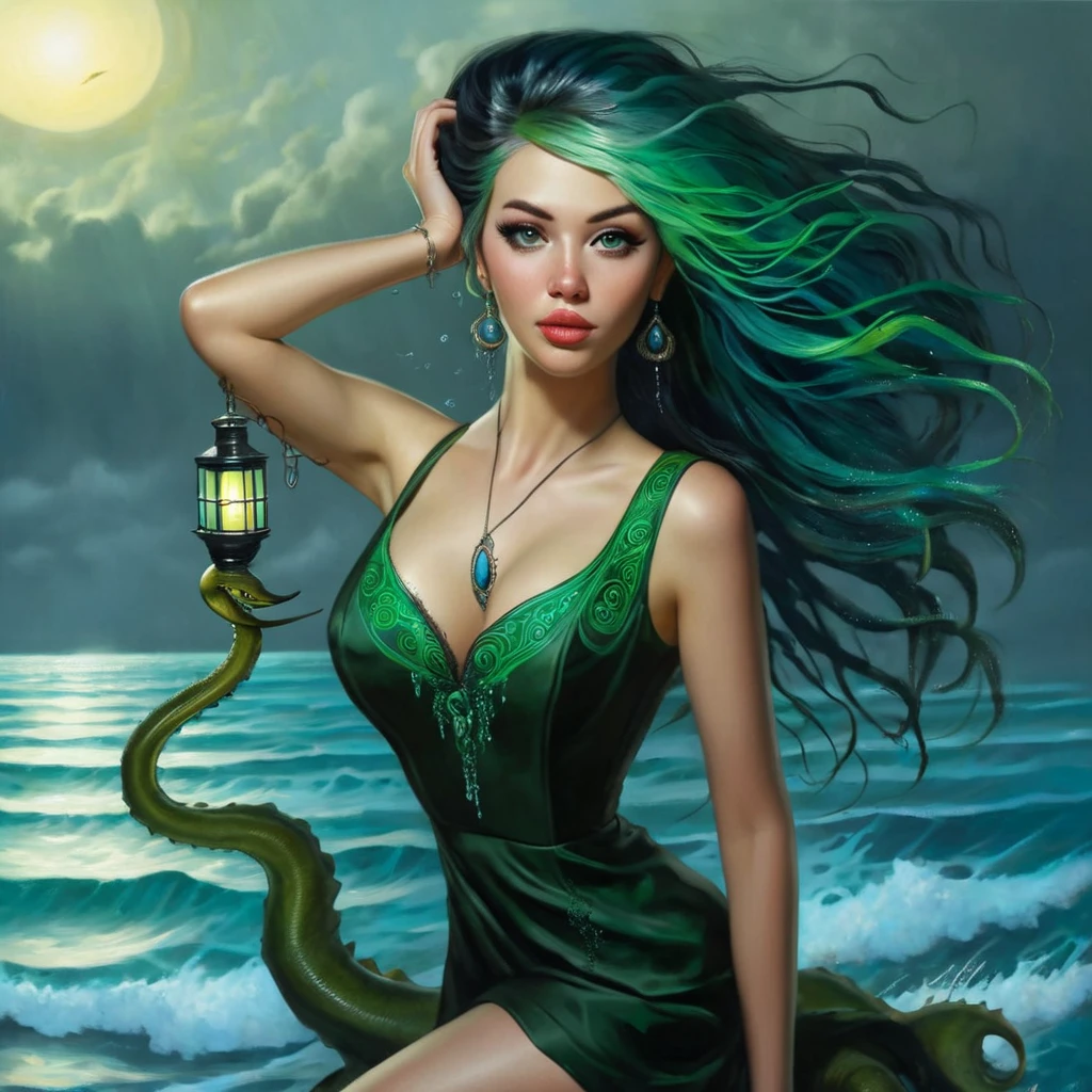 (best quality,ultra-detailed,realistic),portraits,medium:oil painting,(HDR,studio lighting),vivid colors,sharp focus,physically-based rendering,(A lovely siren),beautiful detailed eyes,beautiful detailed lips,extremely detailed eyes and face,long eyelashes,(light green skin),(aquamarine eyes),blue-green color tones on the face,(coke bottle figure),(blessed proportions),(sea foam green hair ankle length),flowing hair,(dressed in tatters, holding a lantern that shines unnaturally bright and swirls with evil energy),tattered clothing flowing in the wind,(age 20),serene expression,graceful pose,emerging from the ocean,sparkling water droplets on skin and hair,faint shimmering scales on the legs,gentle waves in the background,strands of seaweed entwined in the hair, she is singing standing atop the head of a (subject:2 horrible giant monster (many eyes, many tentacles, huge maw full of jagged teeth)), (subject 3: A sailing ship in the distance approaches the siren and its doom), it is a pitch black night with light rain and just a little lightning (the siren's lantern is the primary light source)