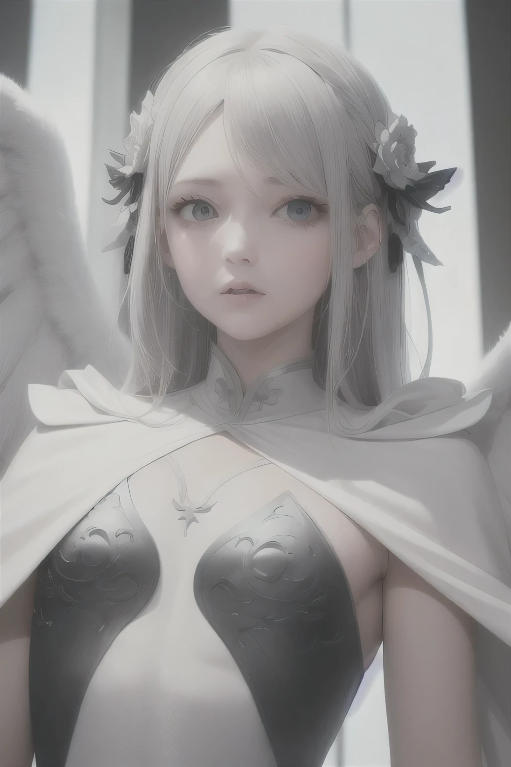 highest quality, masterpiece,gray hair, blue eyes, look up, white costume,Upper body,angel wings,