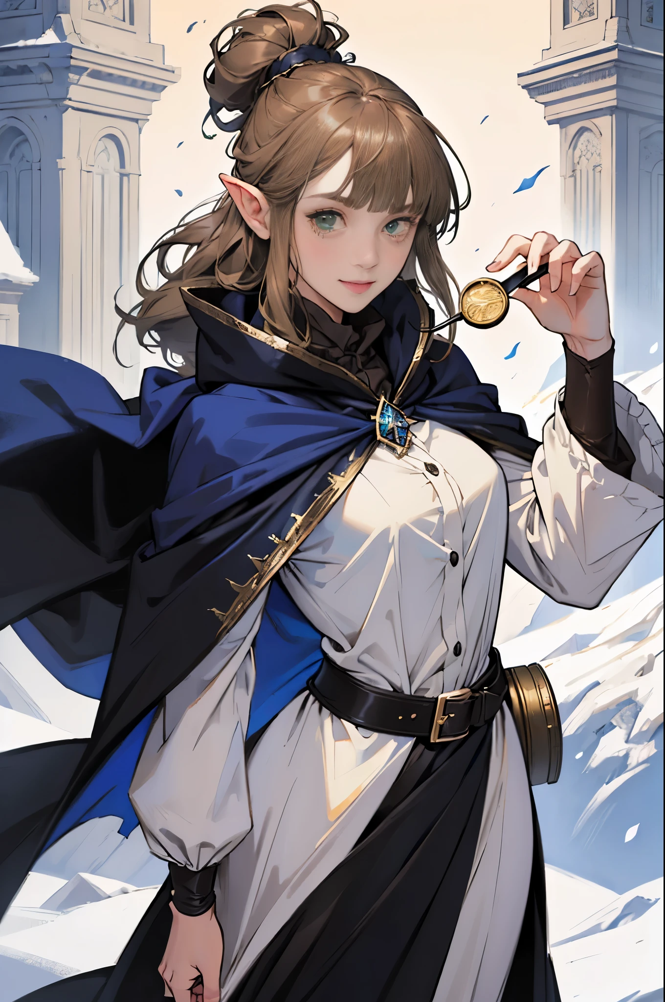(((((girl))))), masterpiece, ultra detailed, 8K Portrait, Raw photo, woman's portrait photography, full body, Highly detailed face, mischievous childish smile, ((Fantasy)), (((hobbit))), ((Adult)), 45 years old, 110cm, (((ALCHEMIST))), (((monocle lens))), ((tanned skin)), (((dark green and light brown long straight hair with topknot))), (((blunt bangs))), (((dark blue silk long Fluffy cloak))) Fluttering in the wind, (((white inner coat))), long skirt, leather gloves, Midday sun, Hyper realistic, Slender body, by the snowy castle, Ambient lighting, Shadow details, Camera focus on face, strong breeze, Light fog