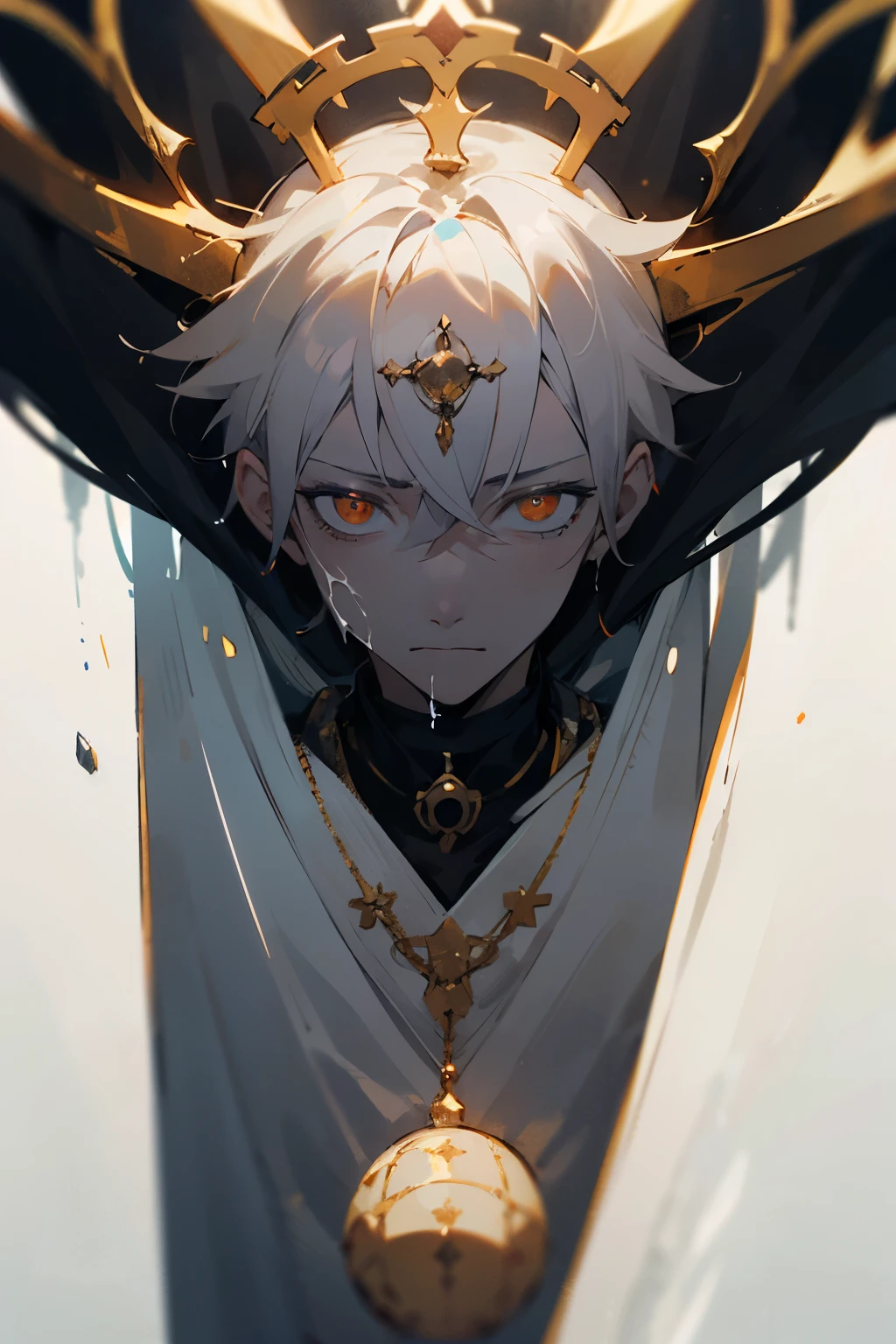 ((best quality)), ((masterpiece)), (detailed), perfect anatomy, (1 boy), Corrupted Divine, adorned with a wilted flower crown atop his head, possesses golden eyes gleaming with sinister light, framed by short strands of white, lifeless hair cascading around his hauntingly ethereal features, draped in tattered remnants of royal robes tainted by shadow, while an ominous amulet pulsates with dark energy around his neck, his very presence suffused with a malevolent aura that twists and writhes like living shadows.