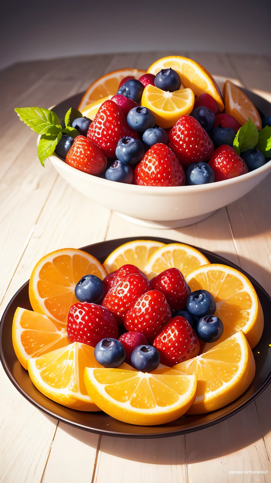 Close-up photo of a bright, Colorful fruit salad with a variety of fresh dishes, ripe berries,, For example, strawberries, blueberries, and raspberries. The fruit is located in a visually appealing form on a white plate, and droplets of water shine on the surface of the fruit, emphasizing its freshness and juiciness. The colors of the berries are bright and captivating, Creating a visually enticing look, reflecting the positive and energetic vibes of the keto diet. The photo was taken at an angle slightly above the head, capture the intricate details and textures of berries, And it was shot with a high-resolution camera, to ensure sharpness and clarity in every pixel. The image is edited in a realistic style, with natural light and vibrant colors, which enhance the visual impact of fruit salad. ::1 Text, Fonts, Letters, watermarks, words, typographics, Slogans, signature ::-0.5 – no text, Fonts, Letters, Watermark, Words, Typography, Slogans, signatures —AR 9:16 —style raw —stylize 750