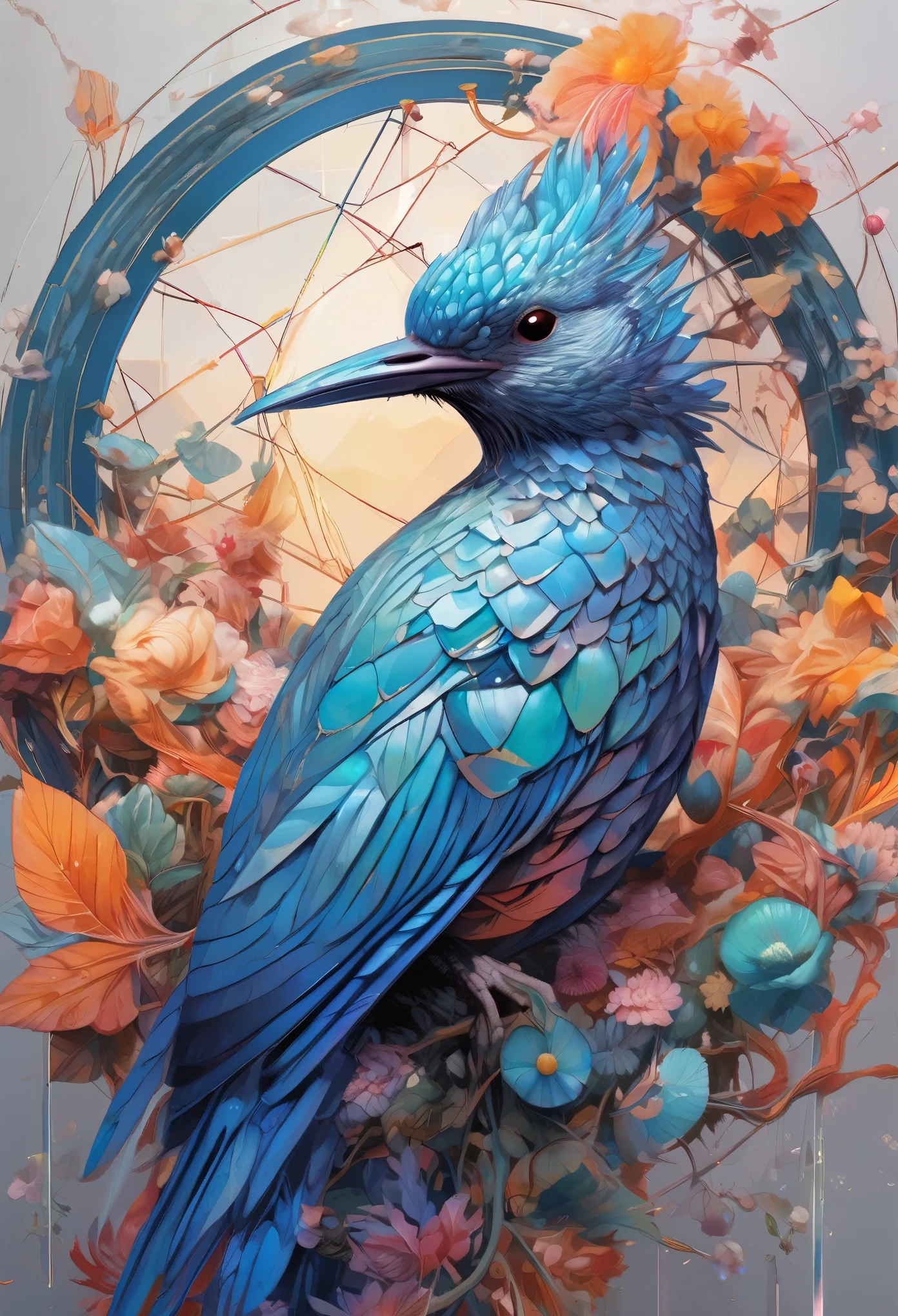 a bird in perfect geometrical harmony, intricate and hyperdetailed by Android Jones, Emily Kell, Rossdraws, Andree Wallin, Sung Choi, fluid ink and oil splash painting artistic fantasy art, album cover art, amazing depth, perfect ratio, hdr, 8k resolution, perfect balanced styles, intense light, muted colors,hyperdetailed masterwork by head of prompt engineering