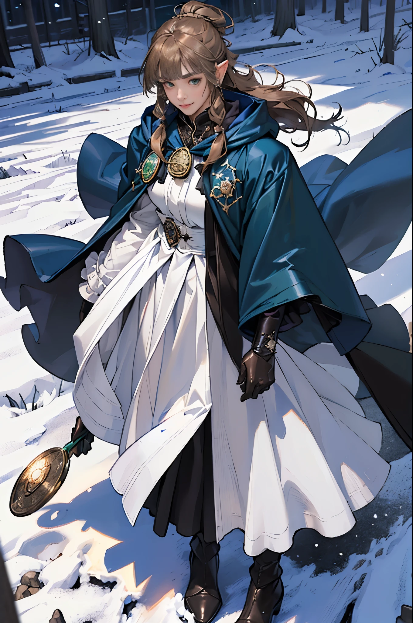 (((((girl))))), masterpiece, ultra detailed, 8K Portrait, Raw photo, woman's portrait photography, full body, Highly detailed face, mischievous childish smile, ((Fantasy)), (((hobbit))), ((Adult)), 45 years old, 110cm, (((ALCHEMIST))), (((monocle lens))), ((tanned skin)), (((dark green and light brown long straight topknot hair))), (((blunt bangs))), (((dark blue silk long Fluffy cloak))) Fluttering in the wind, (((white inner coat))), long skirt, leather gloves, Midday sun, Hyper realistic, Slender body, by the snowy castle, Ambient lighting, Shadow details, Camera focus on face, strong breeze, Light fog