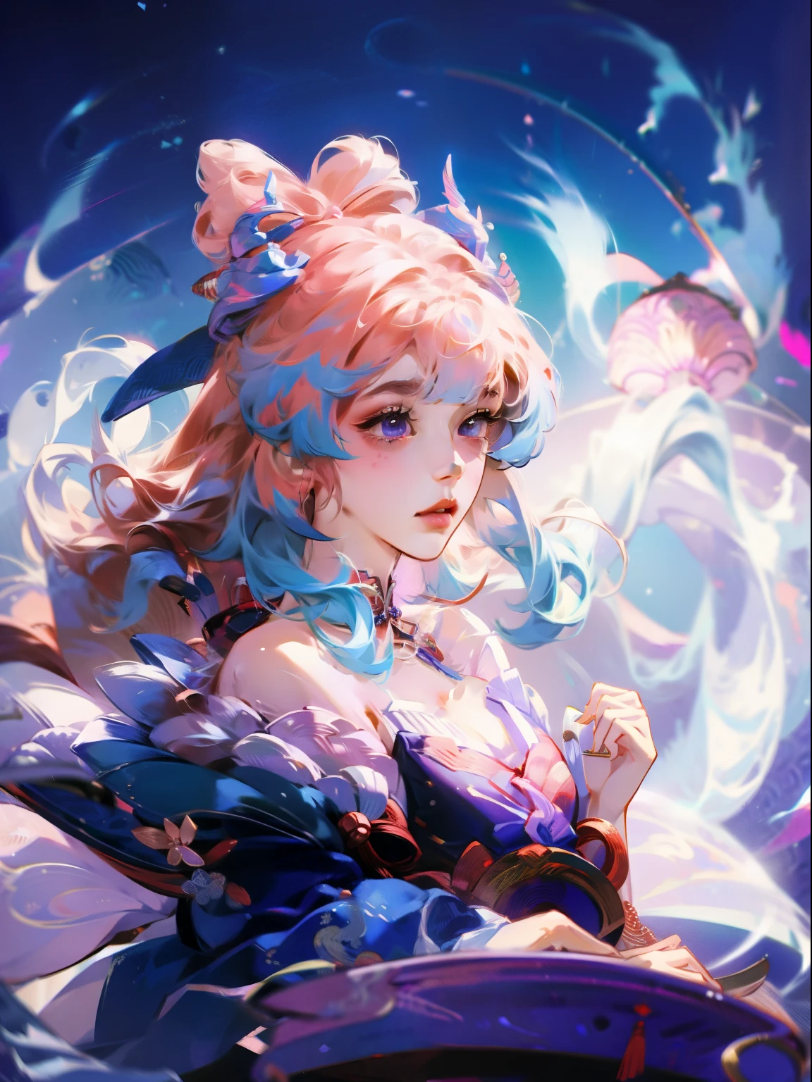 Anime girl with flowers and fan in her hair, beautiful fantasy queen, ((beautiful fantasy queen)), Inspired by Lan Ying, japanese goddess, palace , A girl wearing Hanfu, guweiz style artwork, guweiz, Inspired by Qiu Ying, Queen of China, Hungry Ghost Festival, beautiful figure painting