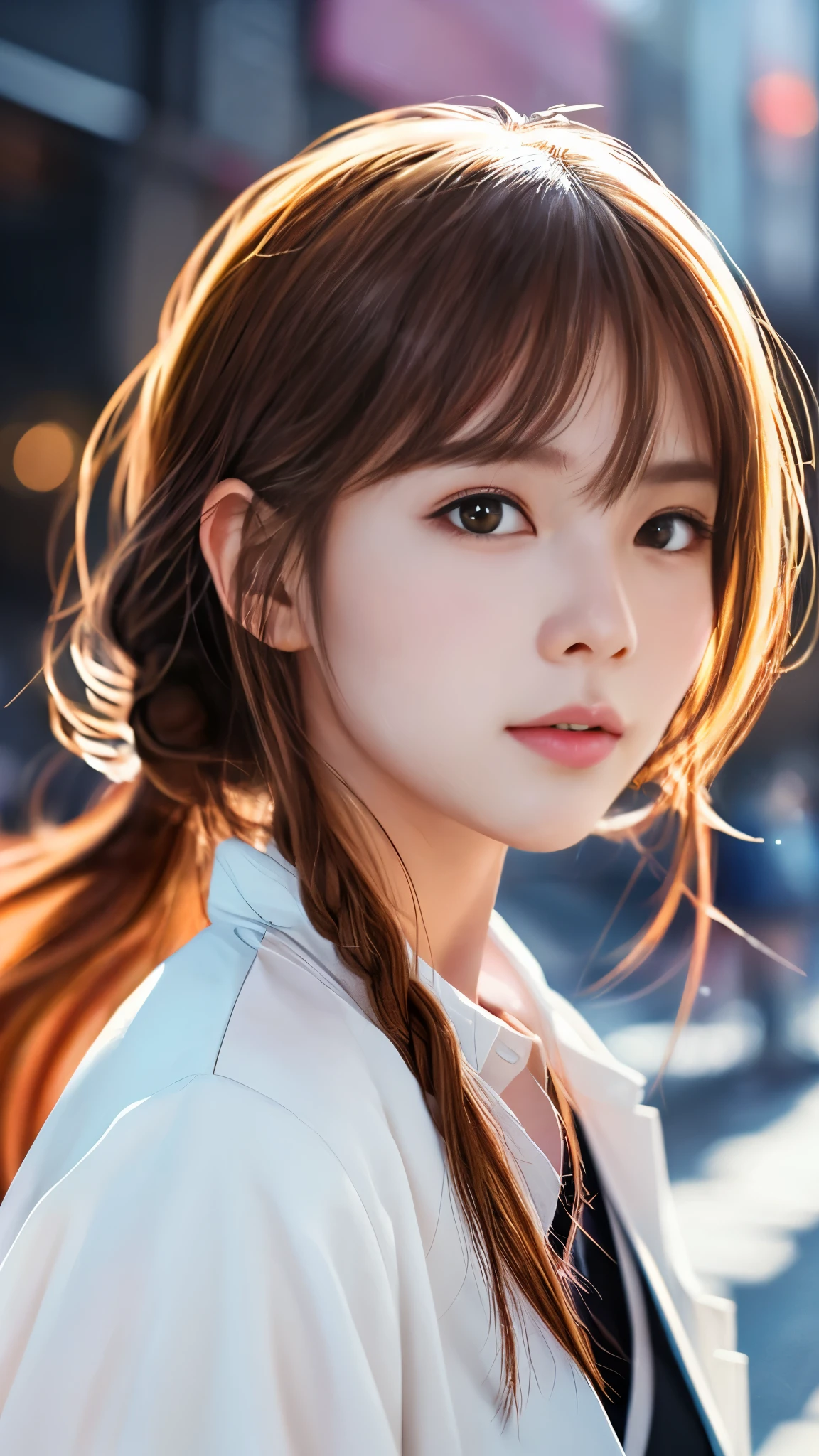 (highest quality:0.8),, (highest quality:0.8), perfect anime illustration, Extreme close-up portrait of a pretty woman walking in the city