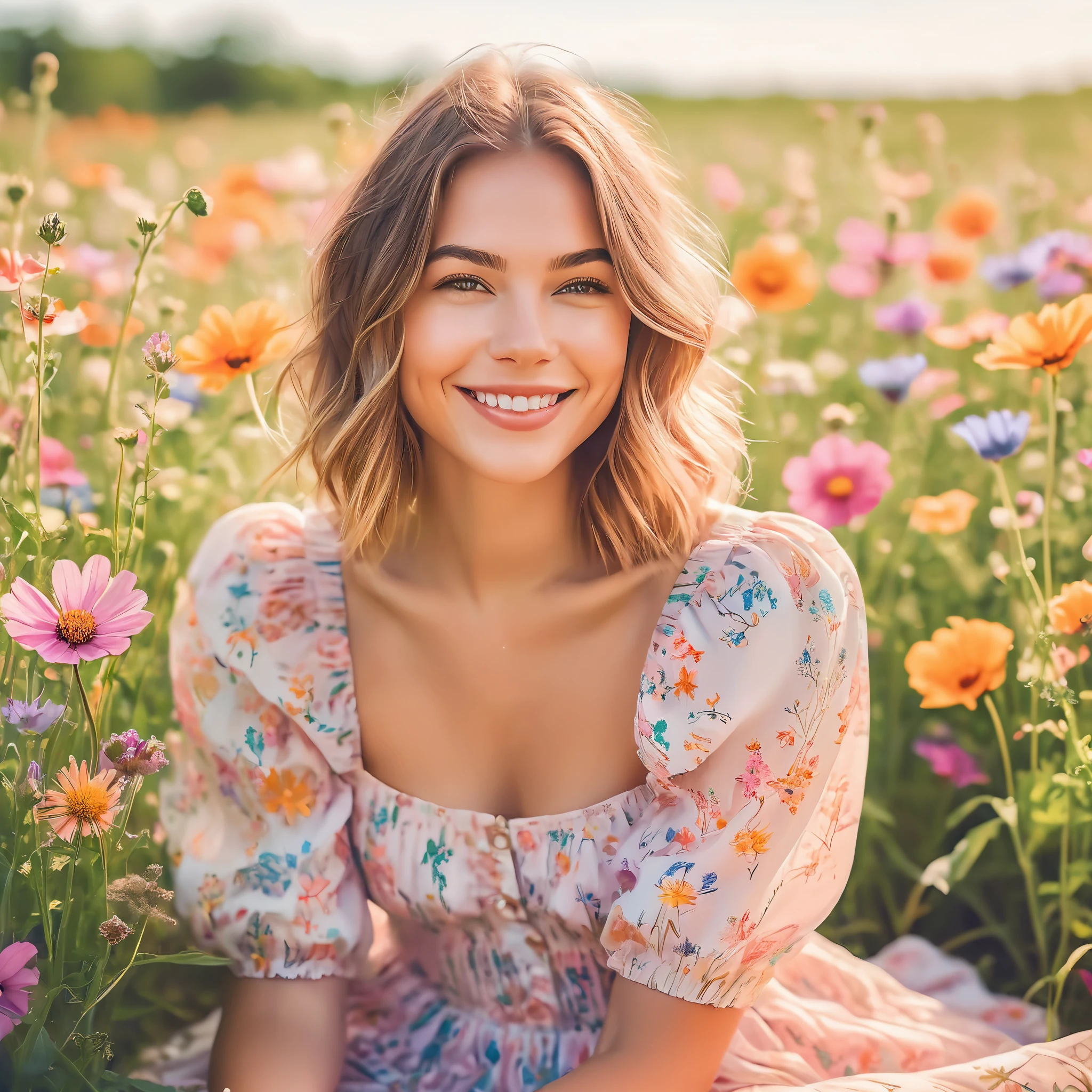 A whimsical, illustrated photoshoot depicting a beautiful woman with delicate features and an enchanting smile, sitting in a field of oversized, colorful wildflowers. Highly detailed, vector-based artwork with a dreamy, storybook quality and soft, pastel hues. Captured with a normal lens and a shallow depth of field to create a sense of intimacy and focus on the woman's expressive face.