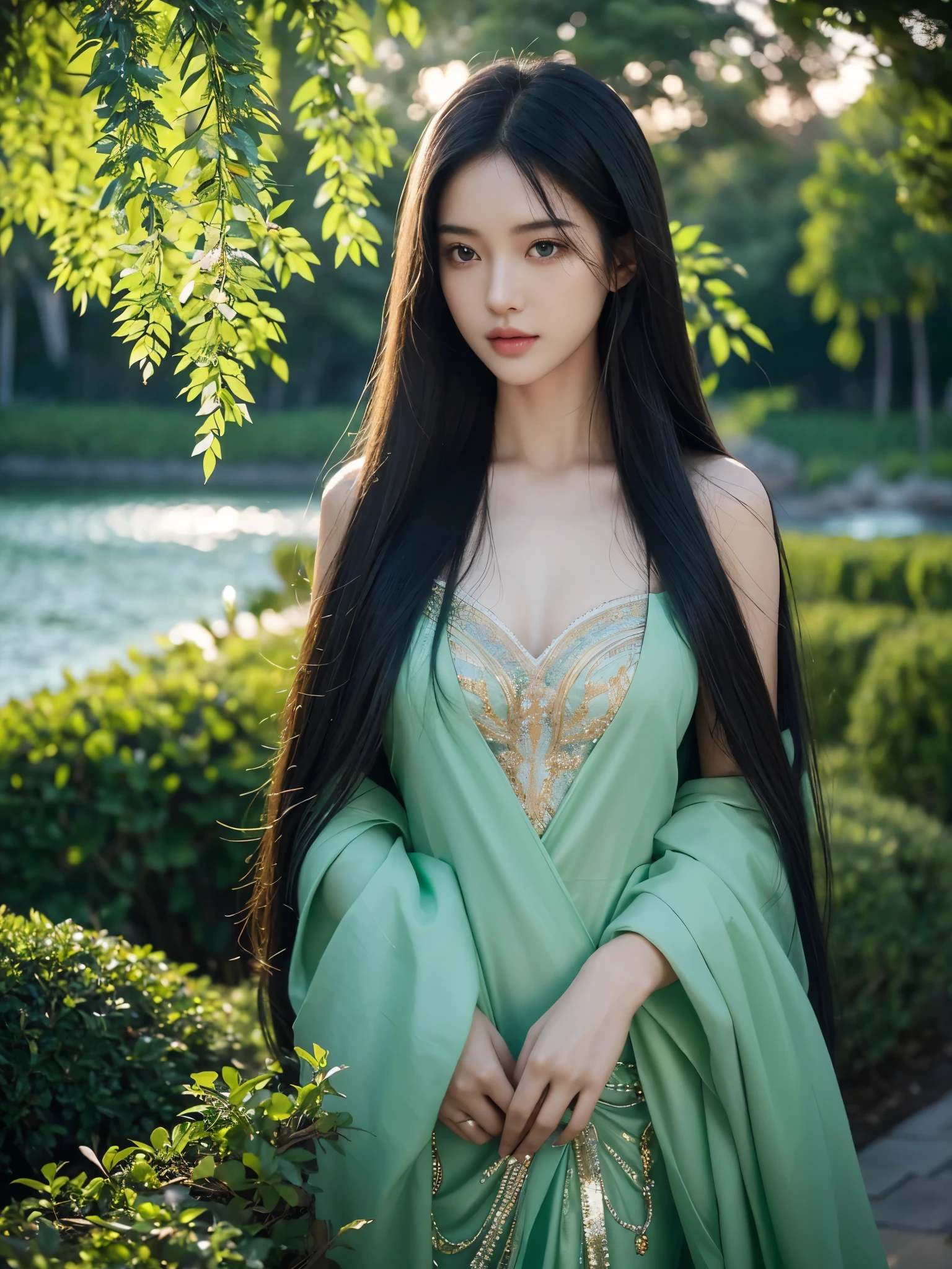 Create an image of a woman with smooth skin, a fair complexion. Her eyes are mesmerizing, with an emerald green color that reflects deep serenity. She has long, straight, ebony hair, naturally shiny under the lights. Naked. The scene is the garden by the lake, illuminated by the gentle moonlight. Night lights accentuate beauty