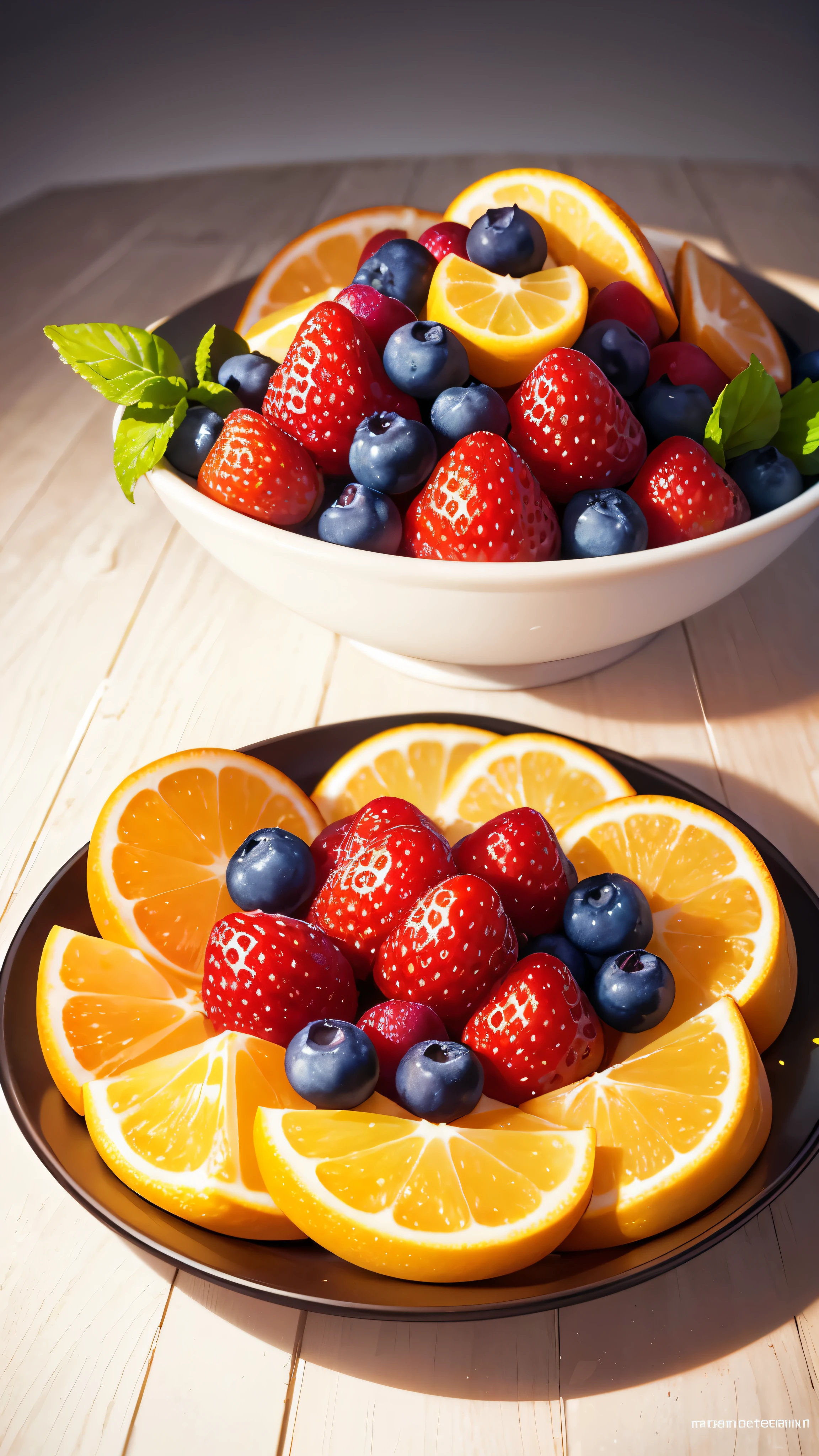 Close-up photo of a bright, Colorful fruit salad with a variety of fresh dishes, ripe berries,, For example, strawberries, blueberries, and raspberries. The fruit is located in a visually appealing form on a white plate, and droplets of water shine on the surface of the fruit, emphasizing its freshness and juiciness. The colors of the berries are bright and captivating, Creating a visually enticing look, reflecting the positive and energetic vibes of the keto diet. The photo was taken at an angle slightly above the head, capture the intricate details and textures of berries, And it was shot with a high-resolution camera, to ensure sharpness and clarity in every pixel. The image is edited in a realistic style, with natural light and vibrant colors, which enhance the visual impact of fruit salad. ::1 Text, Fonts, Letters, watermarks, words, typographics, Slogans, signature ::-0.5 – no text, Fonts, Letters, Watermark, Words, Typography, Slogans, signatures —AR 9:16 —style raw —stylize 750