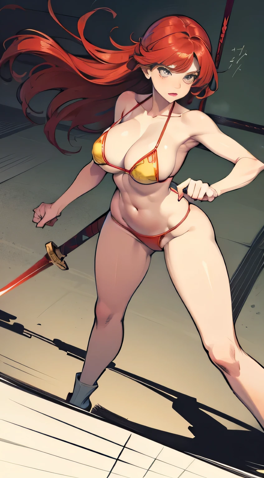 (Rough illustration), [The screen composition is comic-style, The entire screen is printed, Paper Textured Screen, Ink Textures], [(1960s-style red haired large breasted cartoon heroine), (no bikini with large sword), (swinging sword)], [dynamic poses, (standing nude on battlefield across the whole page!)], Cartoon panel layout, Thick contour lines, Gradients are represented by dot screens, Shadows are represented by a large dot screen, Red×Blue× yellow×Black