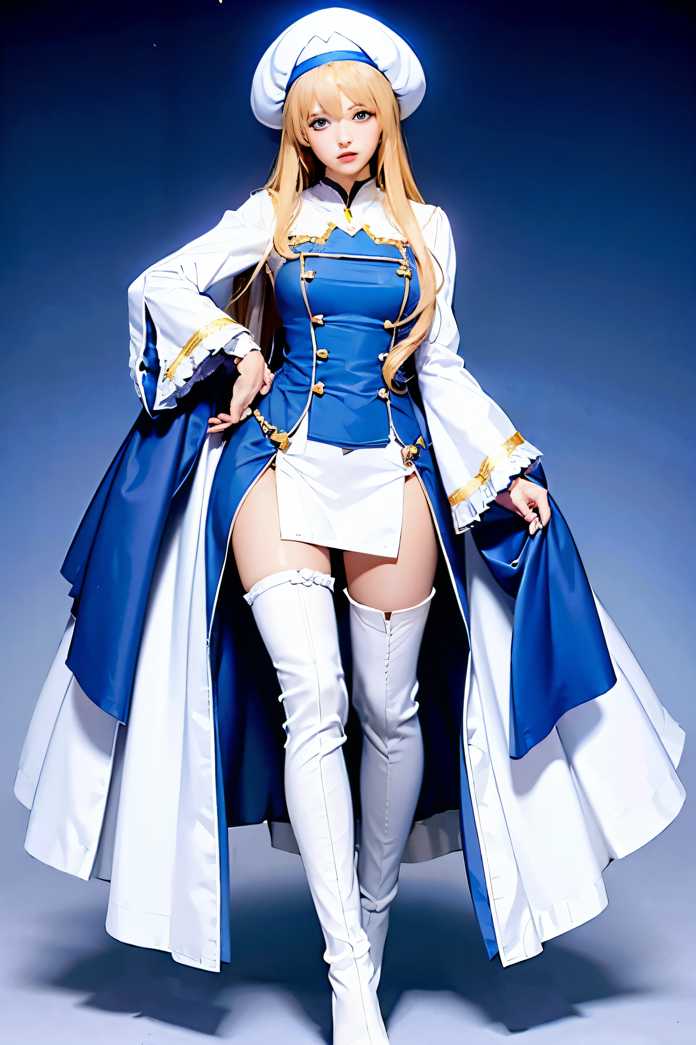 priestess, blonde hair, blue eyes, long hair, hair between eyes, boots, dress, frilled sleeves, frills, hat, white headwear, pelvic curtain, high heels, robe, thigh boots, short pants, thighhighs, white thighhighs, long sleeves, puffy sleeves,