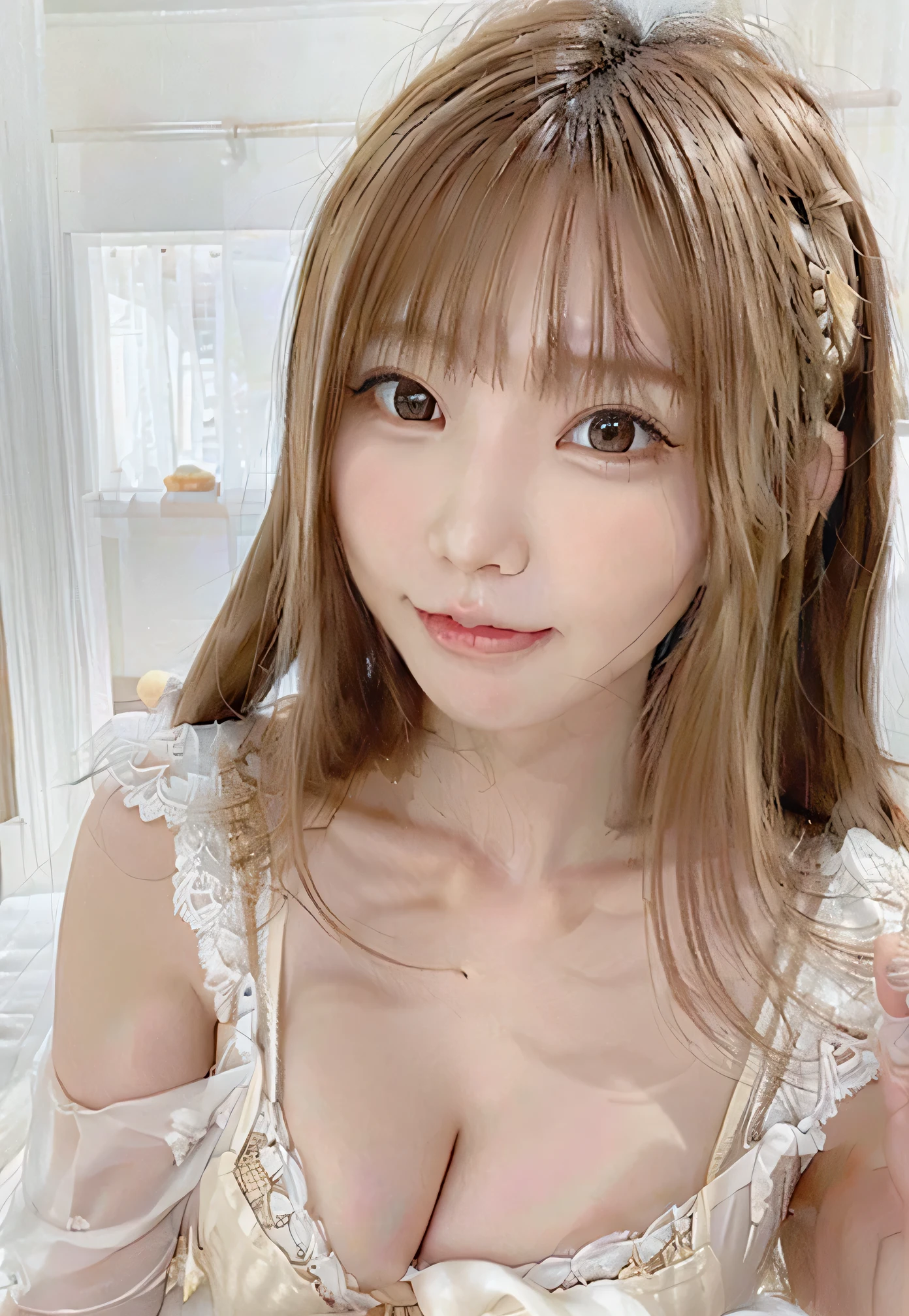 究極のbeautiful face、bright look、small face beauty、((Super long silky blonde hair that shines in gold))、hair play、Long bangs on the face,、16 year old adorable beautiful girl、white and beautiful skin、glowing skin、cheek gloss、terrible face、Very bright pale marine blue eyes、Big eyes、With a round face、beautiful face、big breasts、