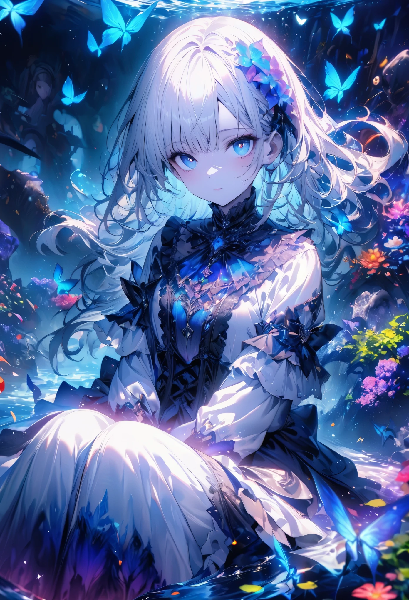 (masterpiece), (best quality), illustration, super detailed, high dynamic range, depth of field, (colorful), ,,This is a masterpiece that exudes exceptional quality. The illustration is ultra-detailed, Using HDR technology to create a sense of depth. Theme is original, beautifully, and beautiful artwork, bright colors,Full of fantasy elements. Girl sitting by the deep sea, surrounded by running water, The background is dark blue World Tree, Located in the cemetery. 宁静梦幻的氛围赋予整个场depth of field情迷人的气质. her pale complexion, sparkling blue eyes, silver hair decorated with flowers,Create a captivating portrait. She wears ta style fashion, poker face,shut your mouth. Backgrounds range from white, transparent, Loop options, There are also flying translucent blue butterflies,Add vitality.