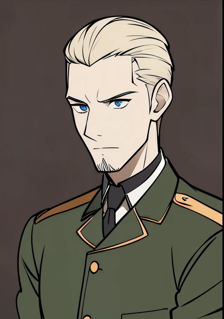 Young Adult male, white and tender skin, pale blonde slicked back combed short hair, kaisermustache and a ducktail beard, steel blue eyes, green and slightly mature, serious and emotionless facial expression,wearing world war 2 era german fatigues, portrait style, facing forwards