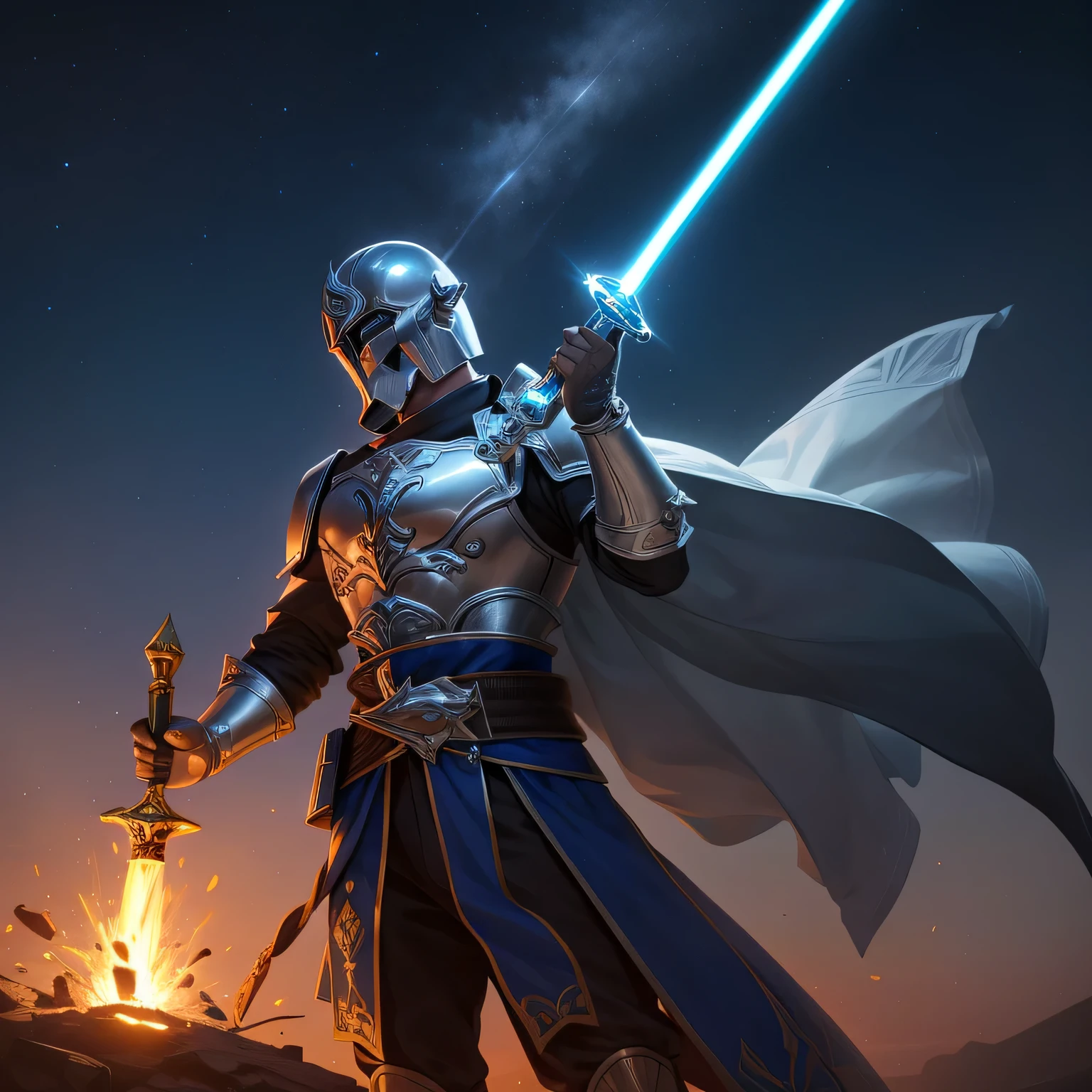 35-year-old man, dressed in custom Mandalorian-style armor., wields a shiny lightsaber. Armor of complex design, decorated with intricate patterns and delicate detailing., shines under the light of big stars in the vastness, Dark Desert. The man's helmet hides his face, leaving only his gloved hands visible, tightly gripping the hilt of his weapon. His shining silver armor, complemented by his silver hair, catches a ray of light from a nearby fire, creating a breathtaking scene in the middle of the night in the desert. Wind, as big and powerful, like the open space around it