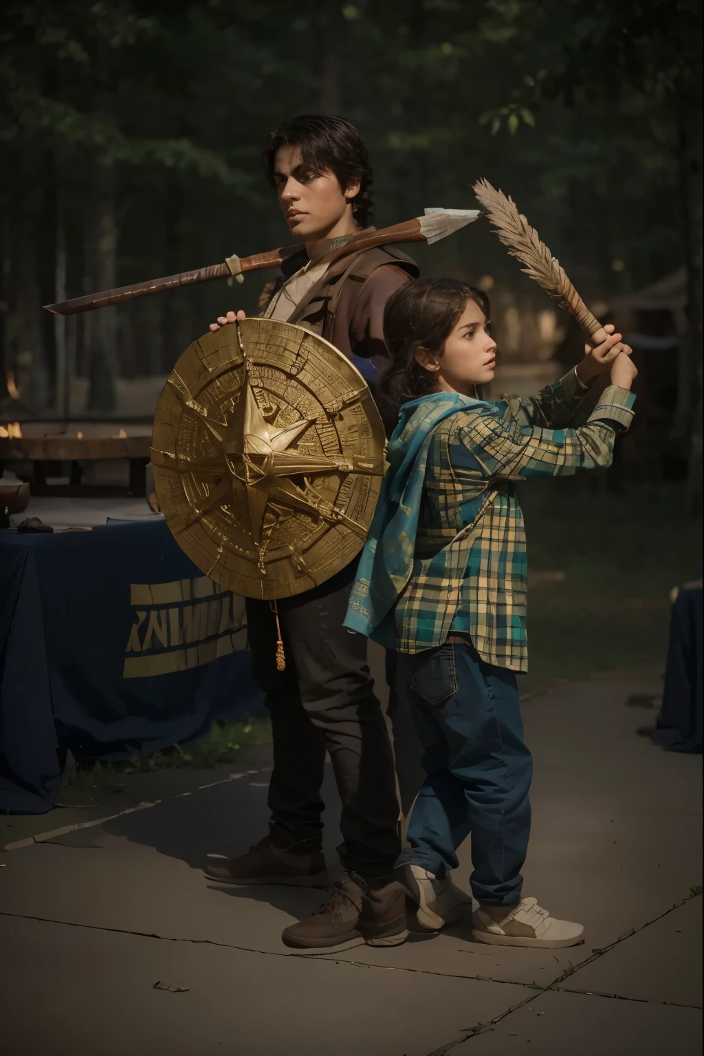 (Best quality, 8k, 32k, Masterpiece, UHD:1.2), "Transform the image into Camp Half-Blood from the Percy Jackson and the Olympians series. Depict a sprawling camp nestled within a dense forest, surrounded by towering pine trees and bordered by a shimmering lake.

At the heart of the camp, showcase the iconic Big House, a weathered structure with Grecian architecture, adorned with colorful banners depicting symbols of the Greek gods. Surround the Big House with cabins arranged in a semi-circle, each representing one of the Olympian gods and goddesses.

In the foreground, include a group of campers engaged in various activities, such as archery practice, sword training, and storytelling around a campfire. Ensure that the characters reflect the diverse and eclectic mix of demigods that inhabit Camp Half-Blood.

Capture the serene yet adventurous atmosphere of the camp with soft, dappled sunlight filtering through the trees and casting gentle shadows across the landscape. Infuse the scene with a sense of magic and wonder, hinting at the mythical creatures and legendary quests that await within the boundaries of Camp Half-Blood.

Employ vibrant colors and intricate details to bring the world of Percy Jackson to life, evoking the excitement and camaraderie of life at the demigod camp. This will create a captivating and immersive artwork that pays homage to the beloved book series."