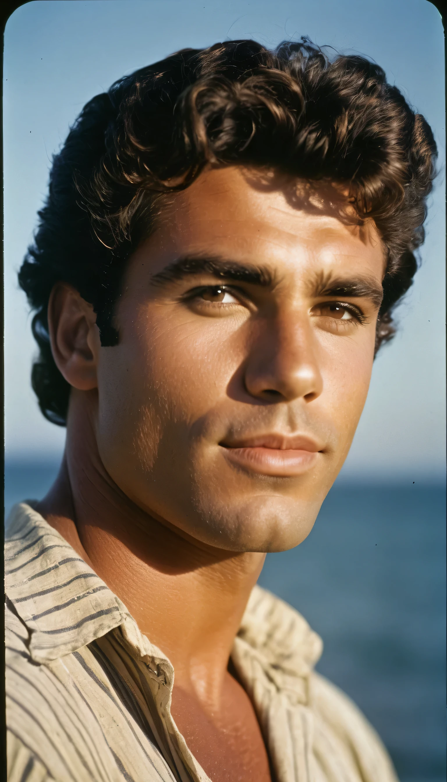 Antique photo of a 30 years-old sailor, male, brown-black hair, short curly quiff haircut, brown eyes, caucasian, round face, oval-shaped jawline, bulbous nose, full lips, thick eyebrows, soft features, stocky broad frame, chubby, handsome, resembles a young Lou Ferrigno, (ruffled pirate shirt:1.1), silhouette, backlit, split lighting, half face in shadow, RAW Photograph, dslr, hard lighting, hard shadows, high quality, film grain, Fujifilm XT3, detailed skin with visible pores, insane details, masterpiece, 8k, 35mm photograph, dslr, kodachrome, faded film, desaturated, 35mm photo, grainy, vintage, Kodachrome, Lomography, stained, highly detailed, found footage, close-up shot