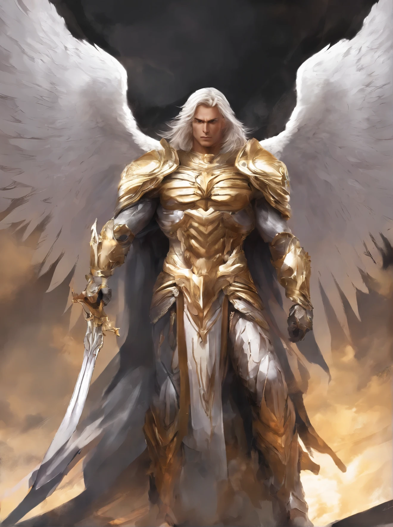 archangel michael、male、Angel big wings、golden long hair、upper body naked、muscular、armor、good looking