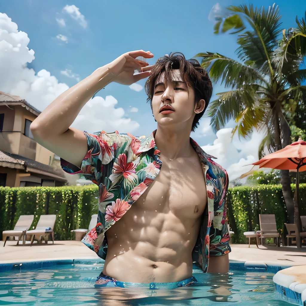 high high quality，Cai Xukun's，hawaiian shirt，swimmingpool，look up to