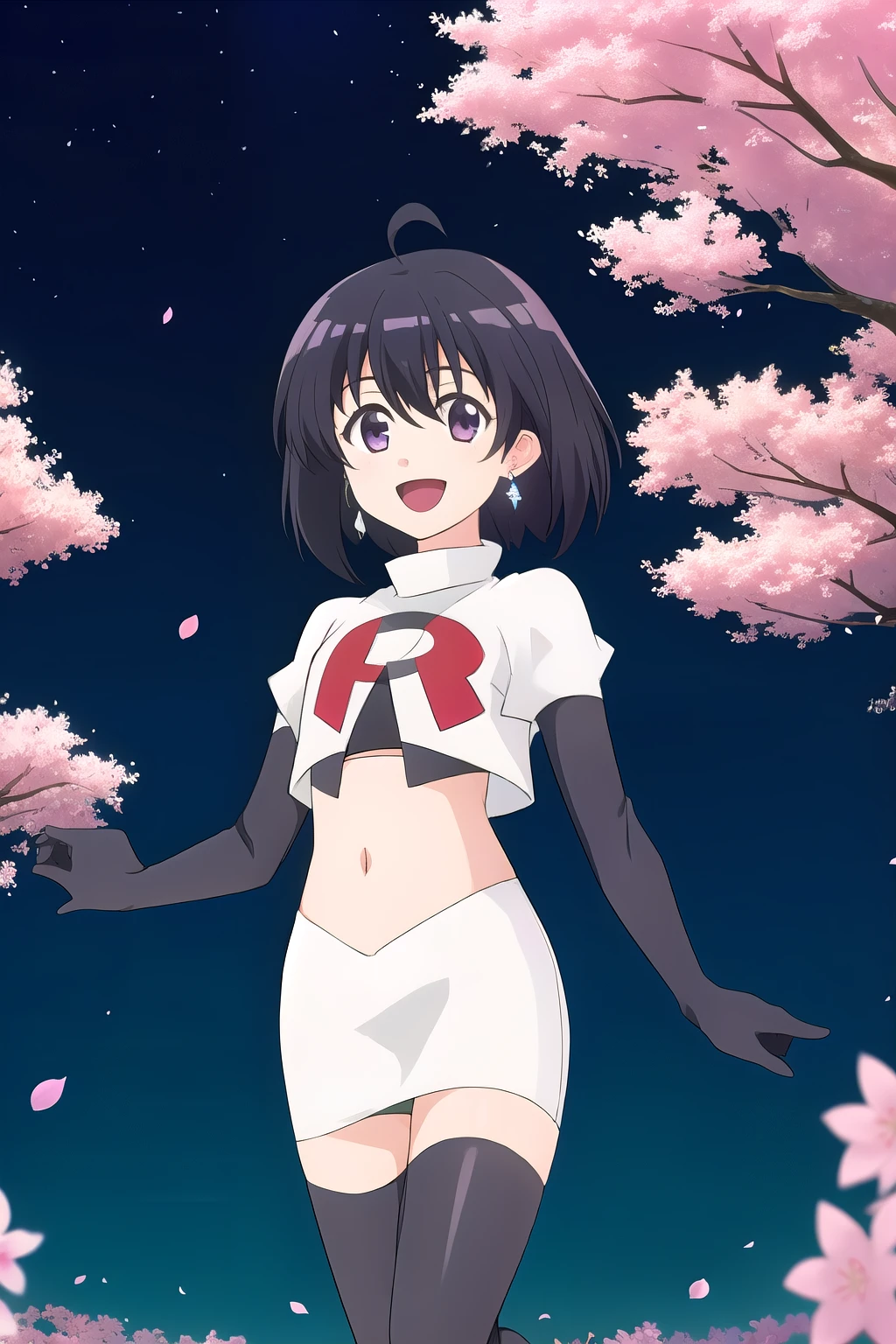 maple, 1girl, solo, long_hair, looking_at_viewer, short_hair, bangs, black_hair, hair_between_eyes, jewelry, very_long_hair, purple_eyes, purple_hair, ahoge, :d, sidelocks, earrings, outdoors, sky, shiny, shiny_hair, flat_chest, dated, tree, petals, night, floating_hair, cherry_blossoms, short_hair_with_long_locks,team rocket,team rocket uniform, red letter R, white skirt,white crop top,black thigh-highs,black elbow gloves